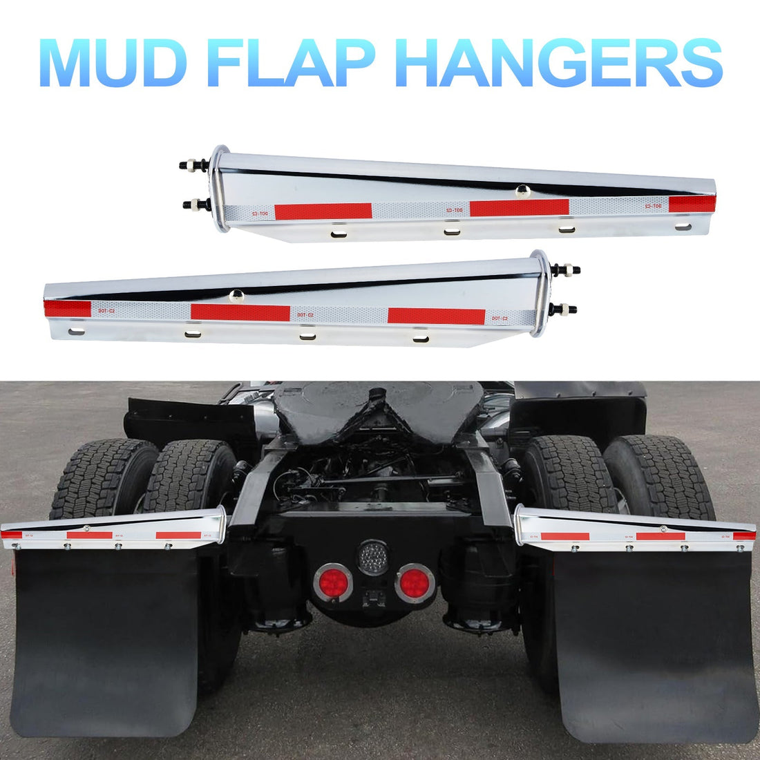 Chrome mud flap hangers installed on a semi truck