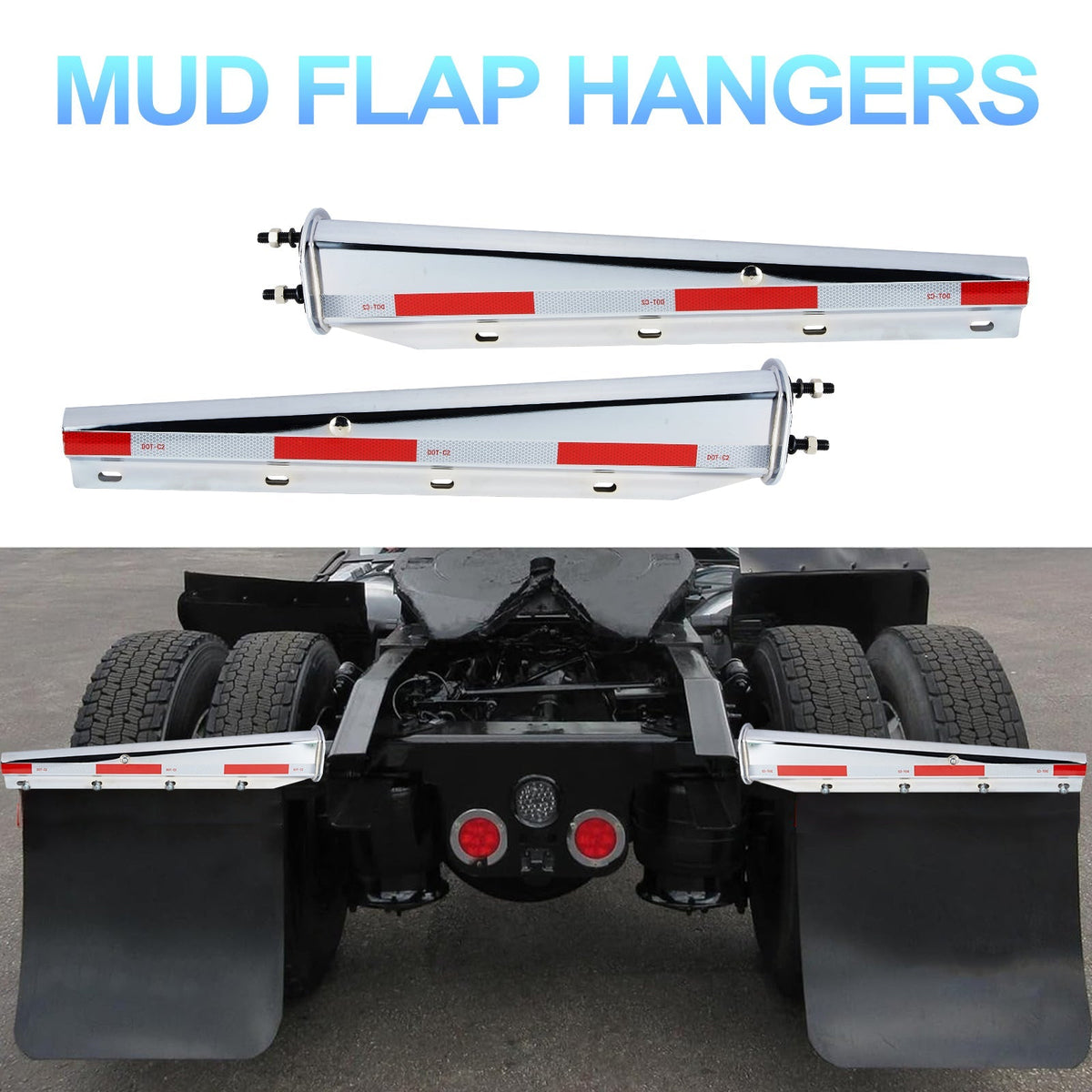 Chrome mud flap hangers installed on a semi truck