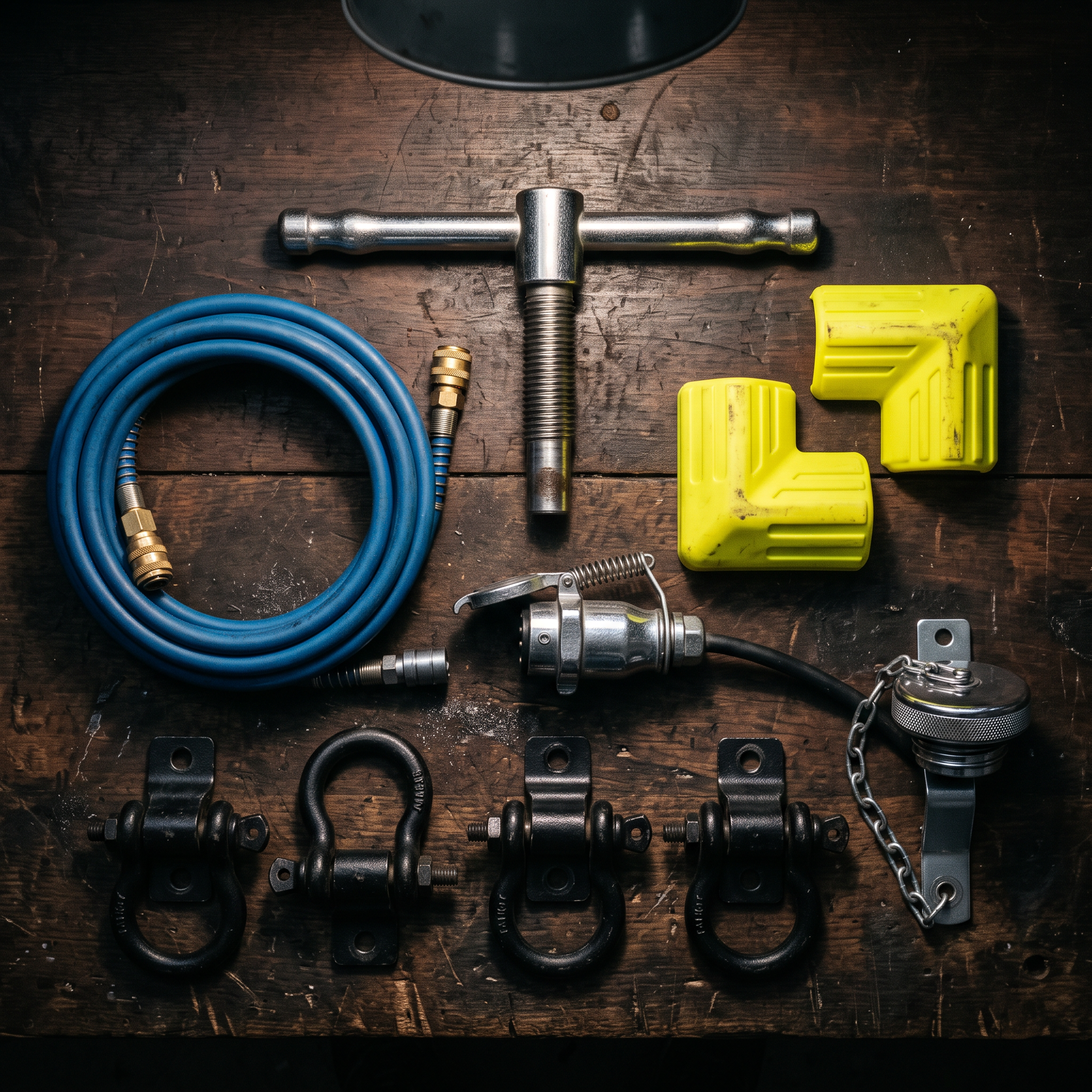 Truck accessories flat-lay — corner protectors, air hose, king pin puller, tie-down anchors, trailer plug, fuel cap
