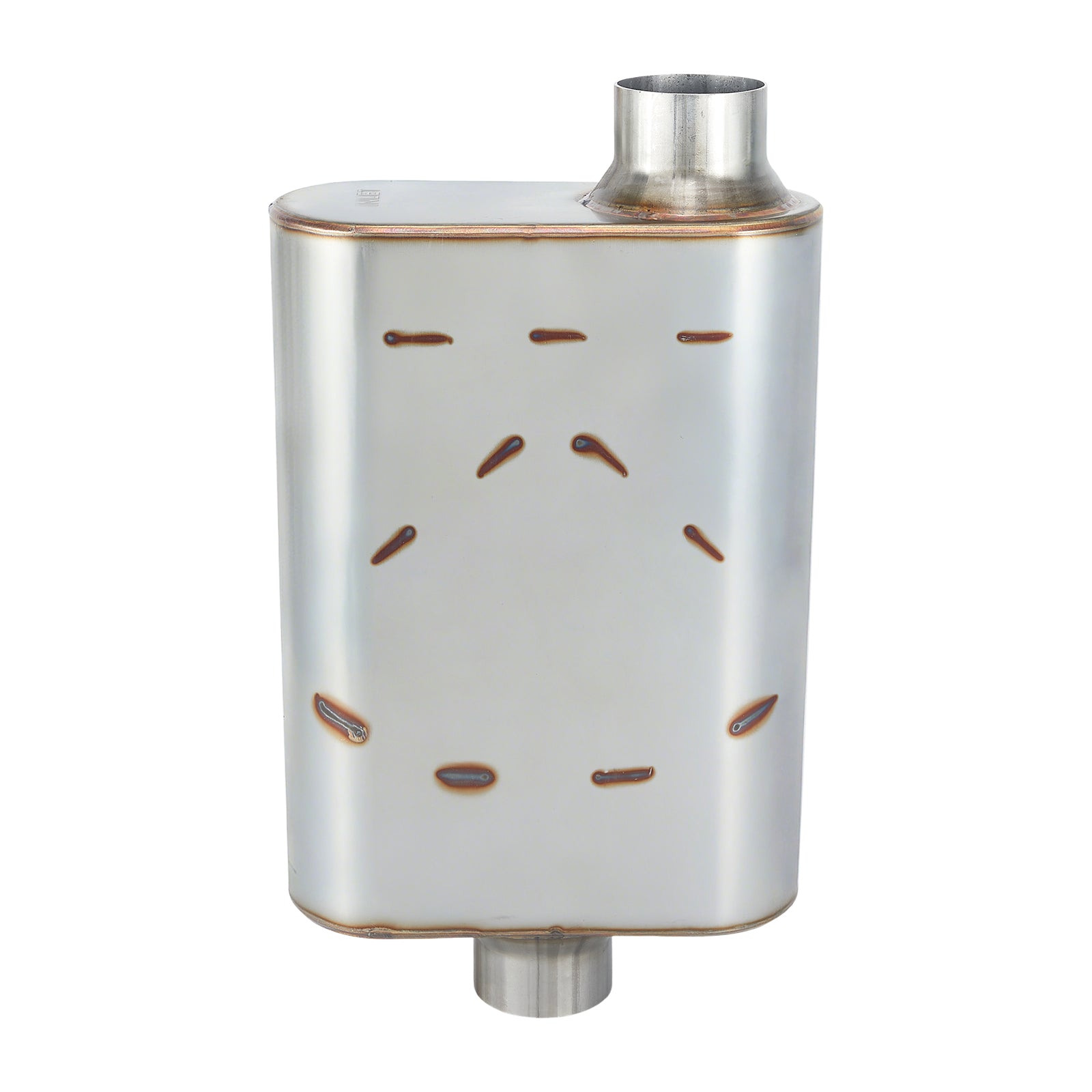 Stainless Chambered Muffler – Standard Body, Offset-In / Offset-Out – Stainless / Black (PL-O1725-A23)