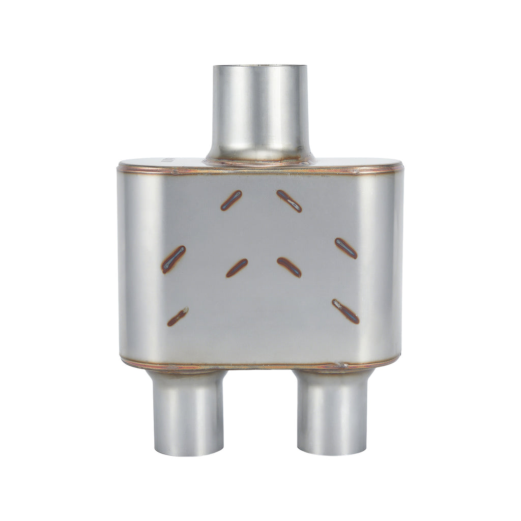 Stainless Chambered Muffler – Compact Body, Single-In / DUAL-Outlet (PL-133D225-A8)