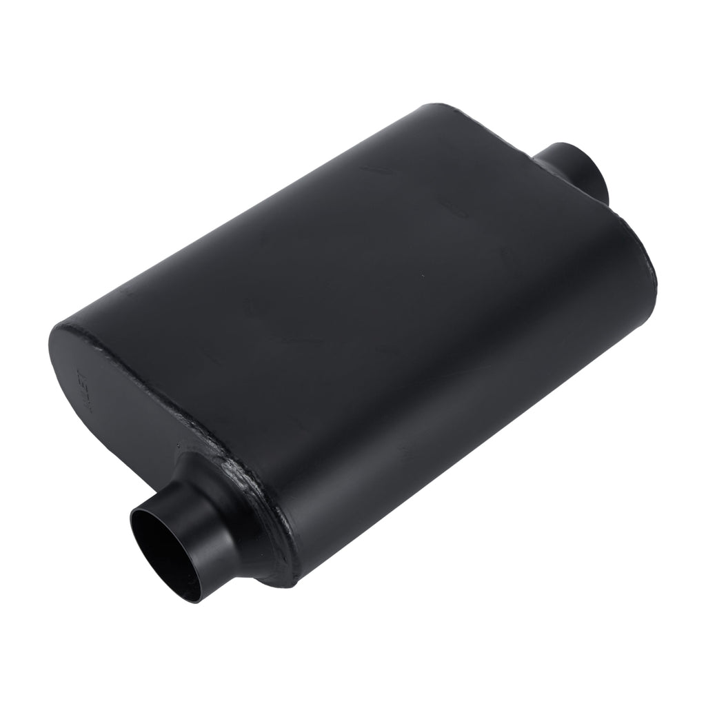 Stainless Chambered Muffler – Standard Body, Offset-In / Offset-Out – Stainless / Black (PL-O1725-A23)