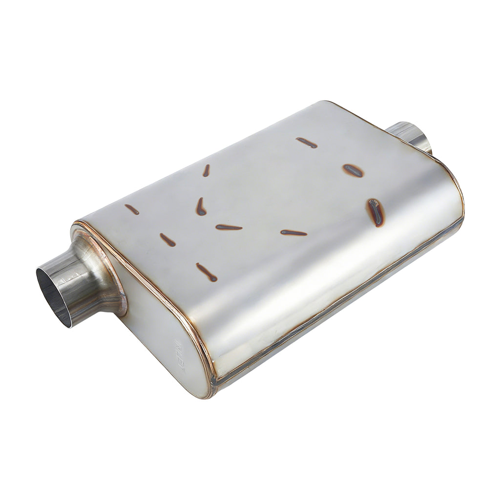 Stainless Chambered Muffler – Standard Body, Offset-In / Offset-Out – Stainless / Black (PL-O1725-A23)