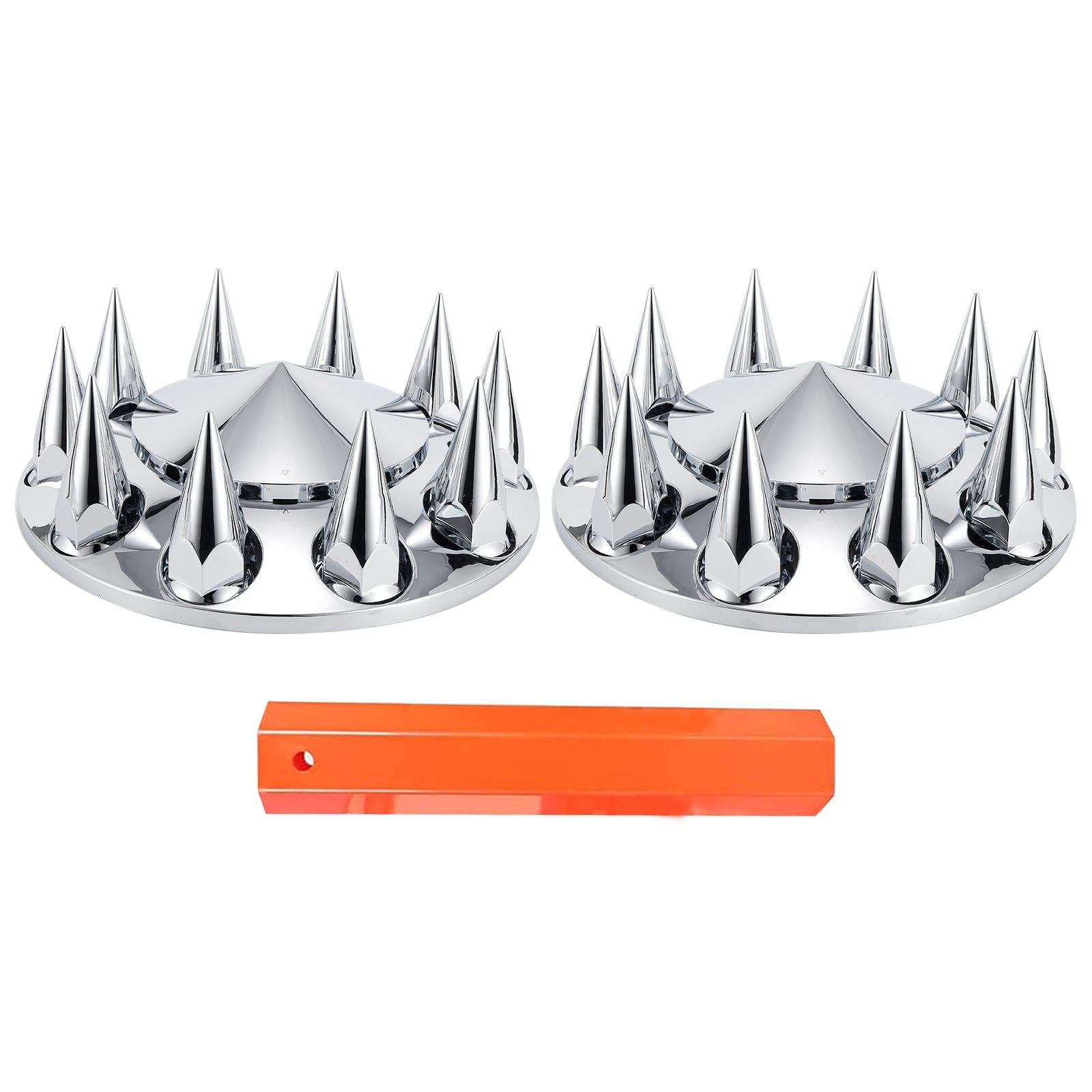 Chrome Spiked Hubcap Set – Push-On, 33 mm, 2-Piece Kit with Install Tool (PL-03-PUSH-FT)