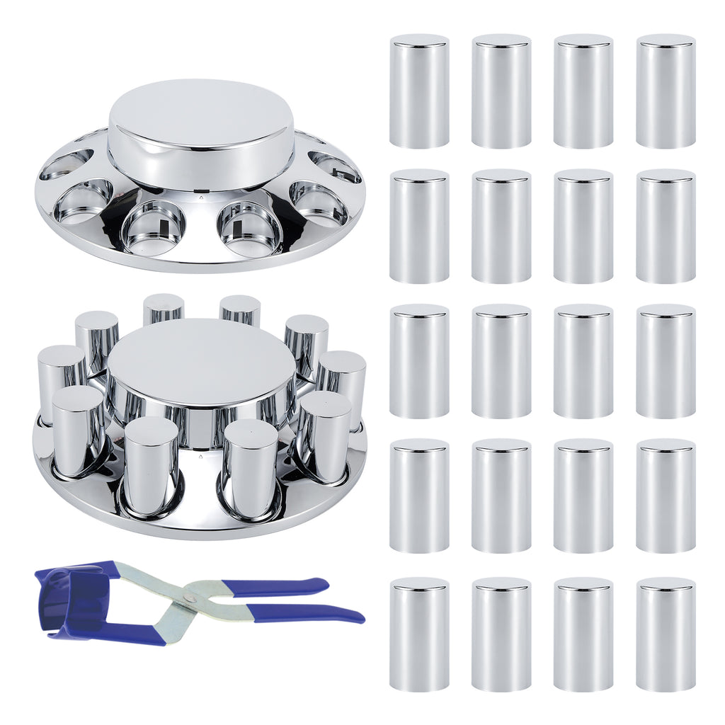 Chrome Smooth-Dome Screw-On Hubcap Kit – 33 mm, 2 Front Covers + 20 Spare Nut Covers + Install Tool (PL-05-SCREW-FT)