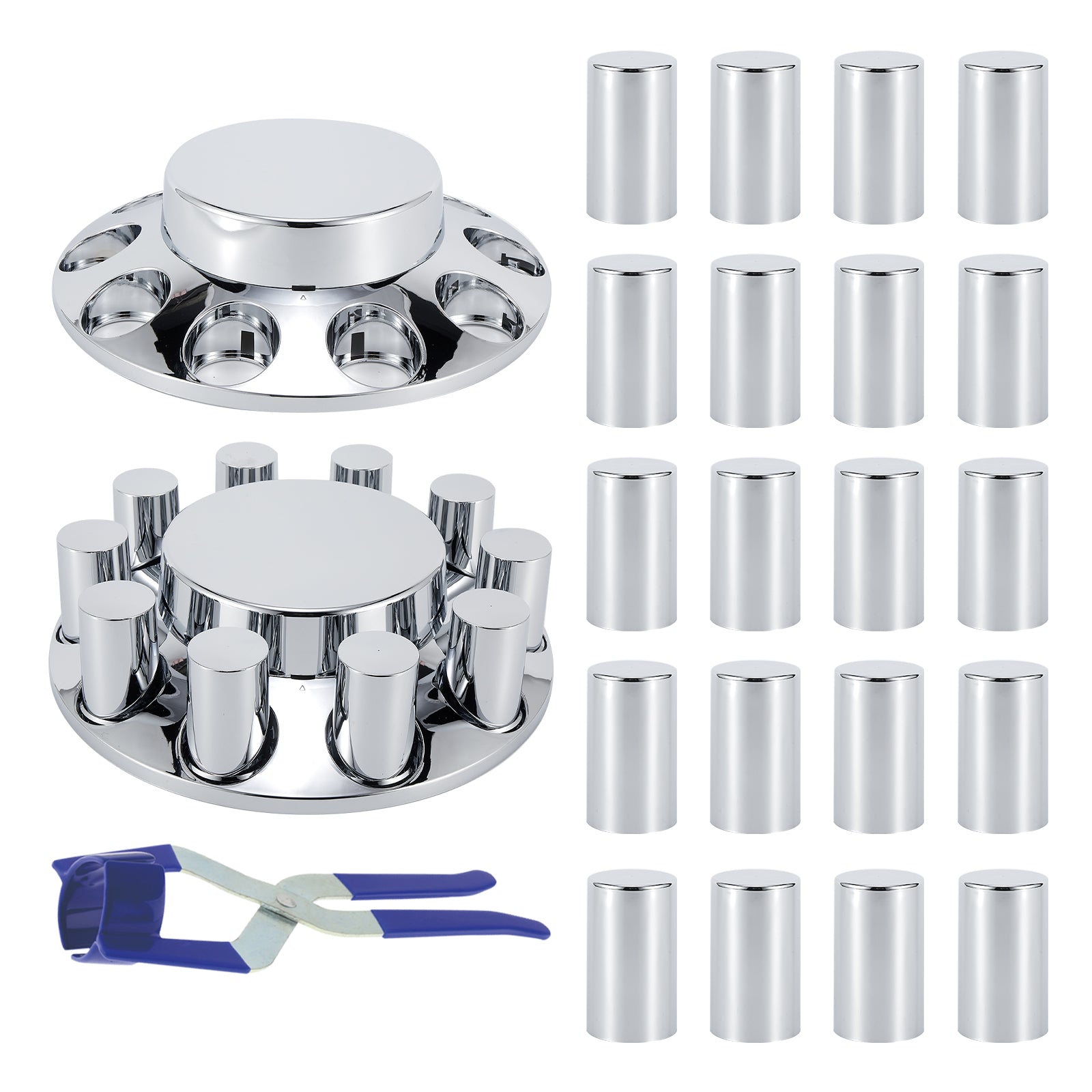 Chrome Smooth-Dome Screw-On Hubcap Kit – 33 mm, 2 Front Covers + 20 Spare Nut Covers + Install Tool (PL-05-SCREW-FT)
