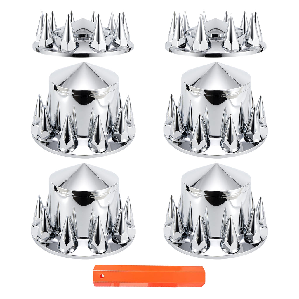 Chrome Spiked Complete Wheel Hubcap Kit – 2 Front + 4 Rear Axle Covers + 60× 33 mm Push-On Nut Covers + Install Tool (PL-03-PUSH-WH)