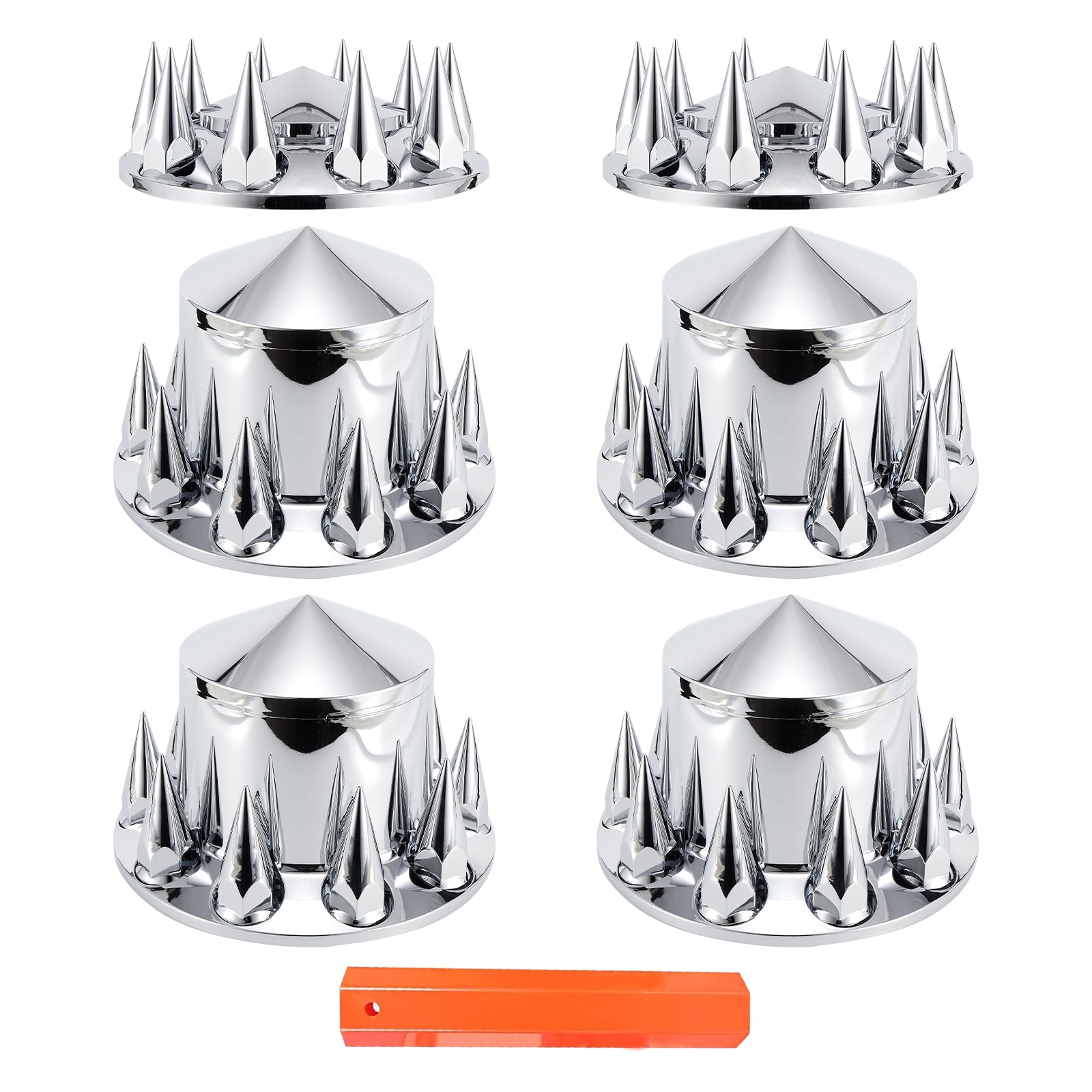 Chrome Spiked Complete Wheel Hubcap Kit – 2 Front + 4 Rear Axle Covers + 60× 33 mm Push-On Nut Covers + Install Tool (PL-03-PUSH-WH)