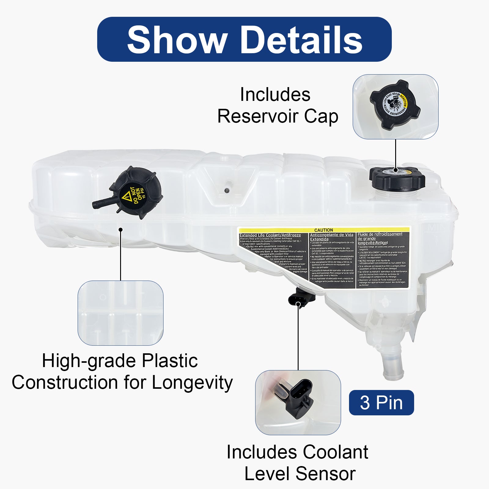 Heavy-Duty Coolant Surge Tank for Kenworth T600 / T660 / T800 / W900 & Peterbilt 330-389 Semi Trucks – Fits 2008+ (PL-5403-ET2)