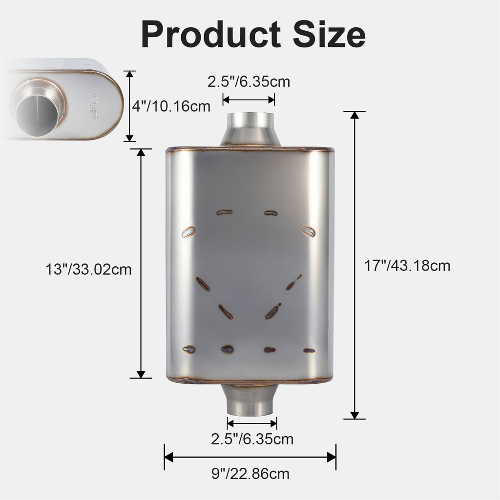 Chambered Muffler – Standard Body, Center-In / Center-Out – 2.5", 3" – Stainless / Black (A Series)