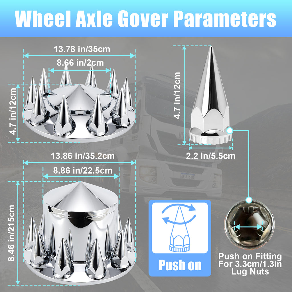 Chrome Spiked Complete Wheel Hubcap Kit – 2 Front + 4 Rear Axle Covers + 60× 33 mm Push-On Nut Covers + Install Tool (PL-03-PUSH-WH)