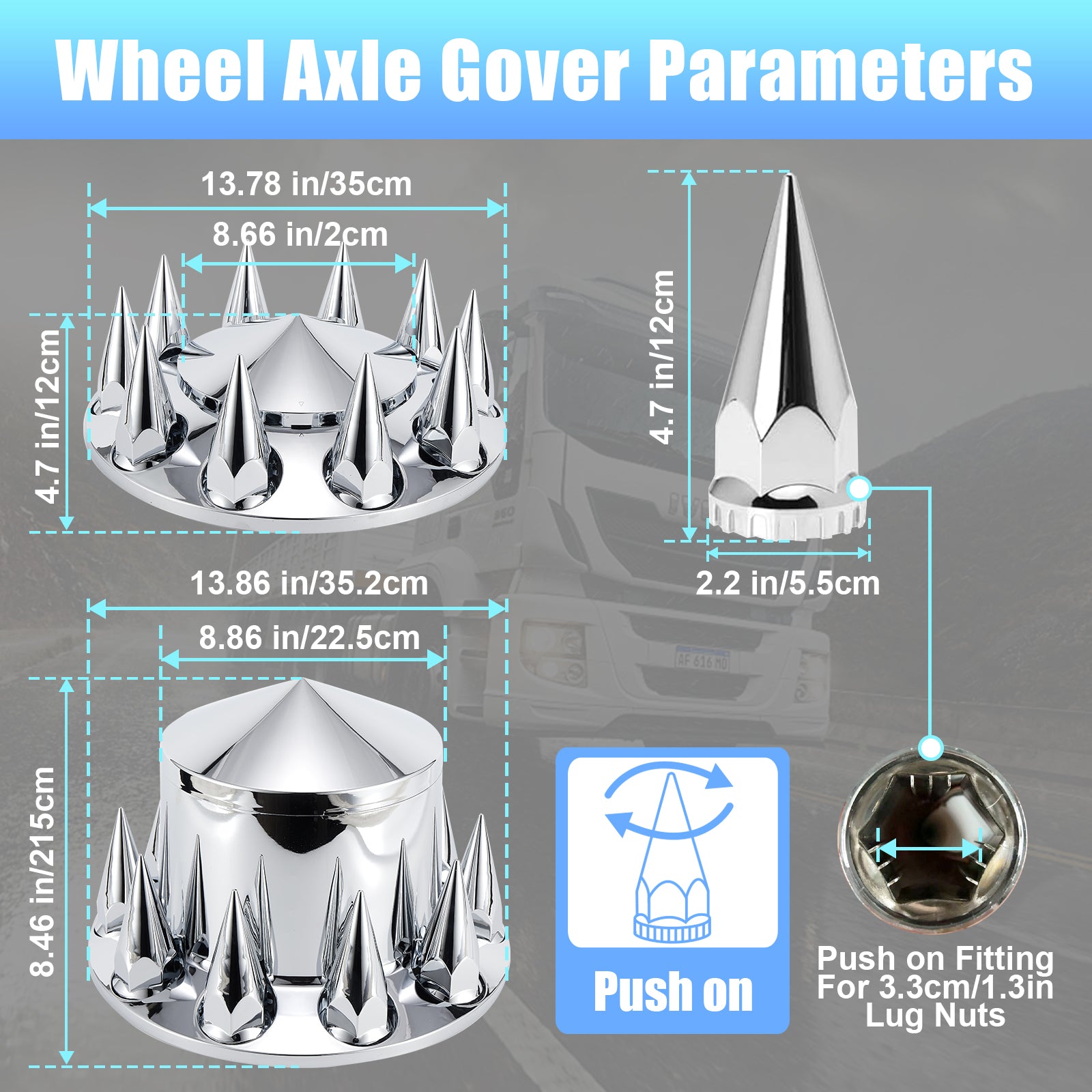 Chrome Spiked Complete Wheel Hubcap Kit – 2 Front + 4 Rear Axle Covers + 60× 33 mm Push-On Nut Covers + Install Tool (PL-03-PUSH-WH)