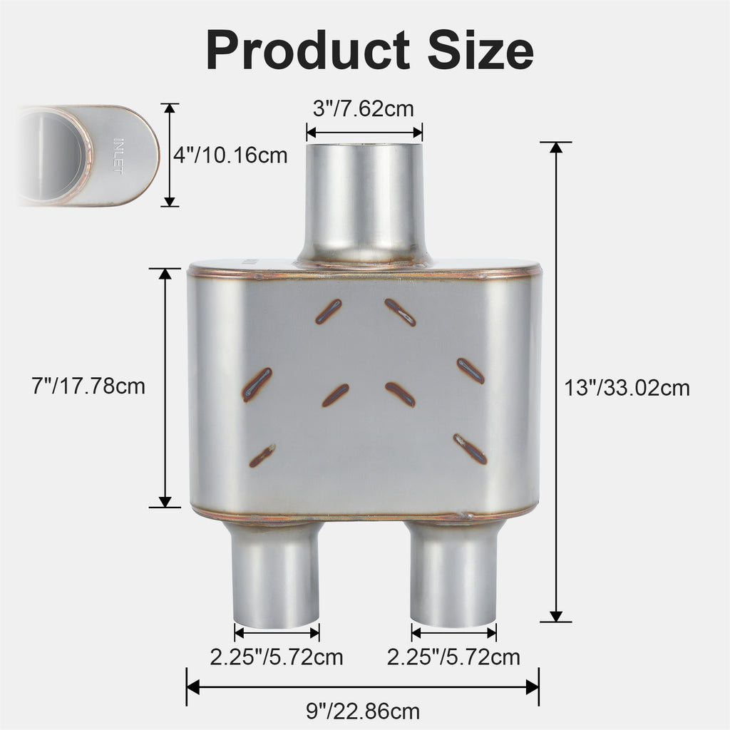 Stainless Chambered Muffler – Compact Body, Single-In / DUAL-Outlet (PL-133D225-A8)