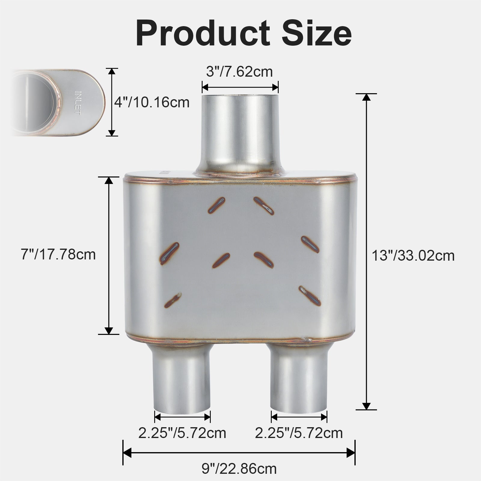 Stainless Chambered Muffler – Compact Body, Single-In / DUAL-Outlet (PL-133D225-A8)