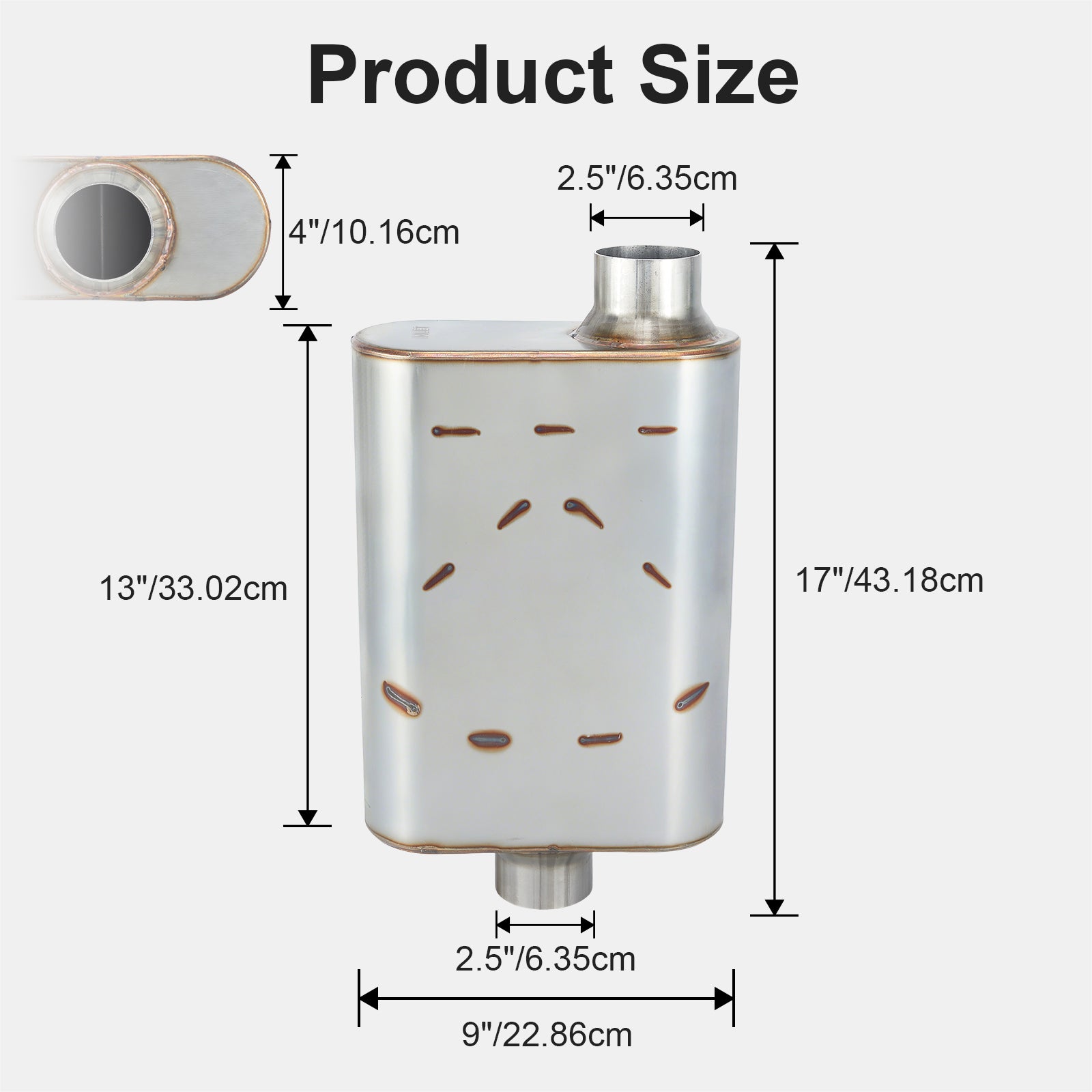 Stainless Chambered Muffler – Standard Body, Offset-In / Offset-Out – Stainless / Black (PL-O1725-A23)