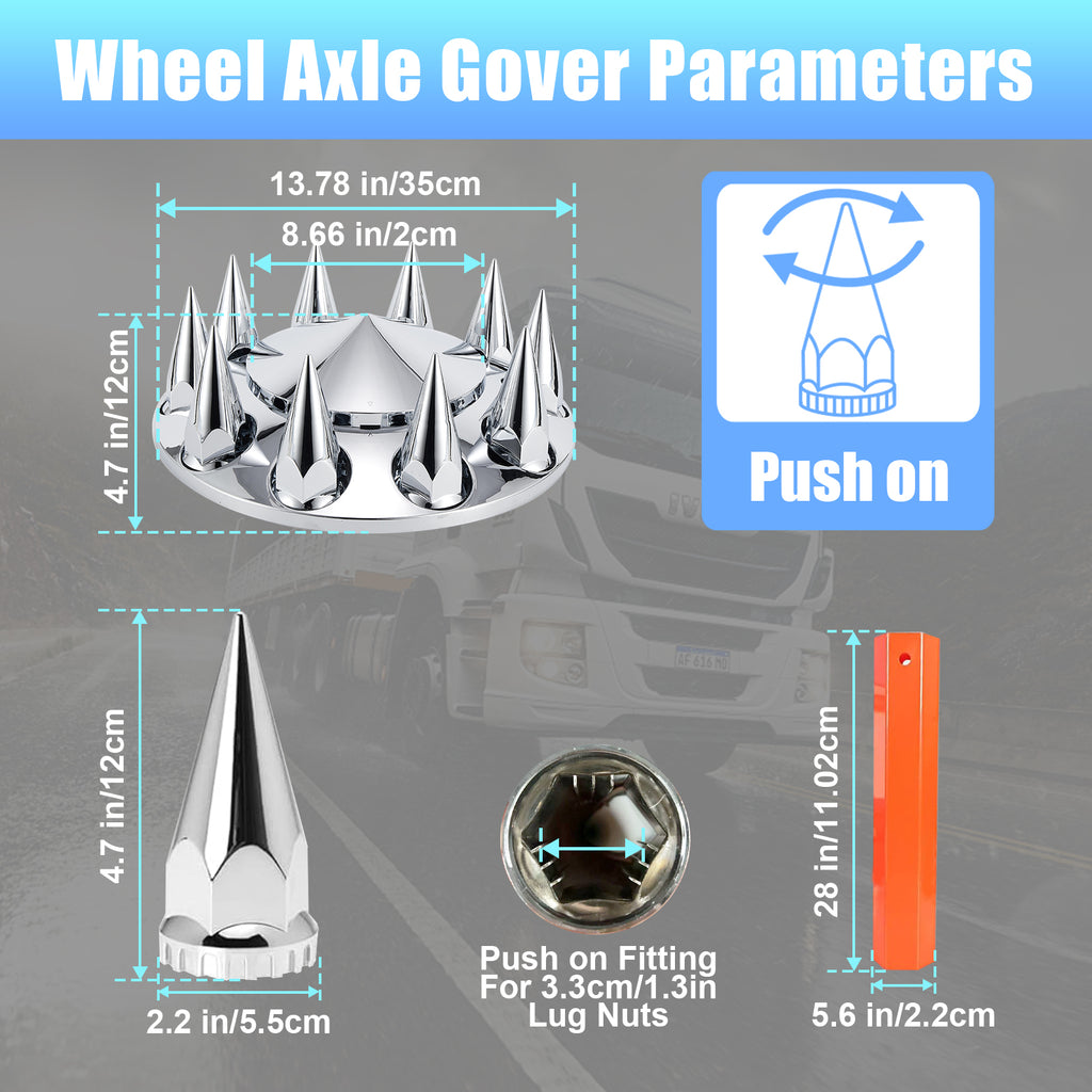 Chrome Spiked Hubcap Set – Push-On, 33 mm, 2-Piece Kit with Install Tool (PL-03-PUSH-FT)