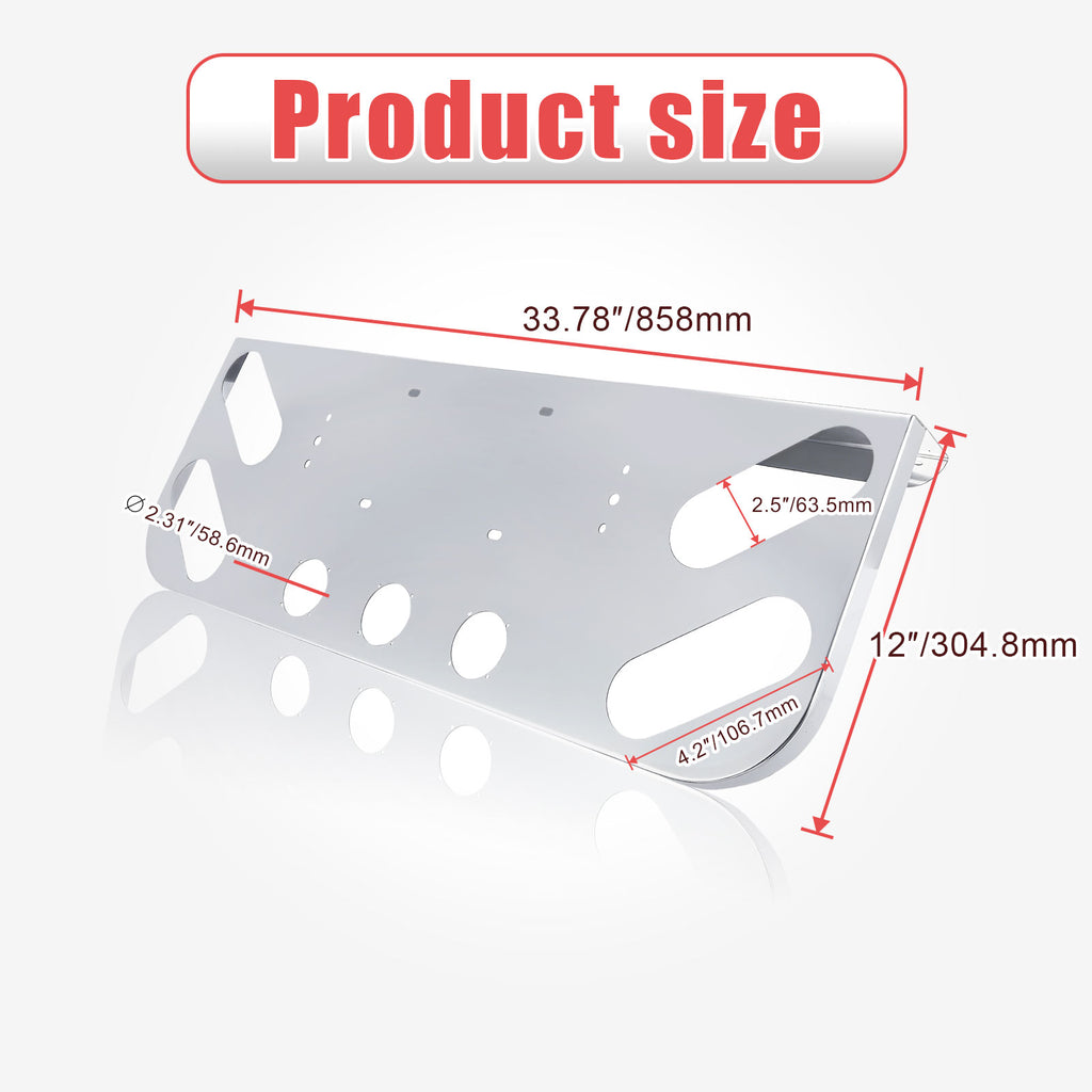 34" Chrome Stainless License Plate Panel – 4 Round + 4 Oblong Light Cutouts (PR-9003SS)