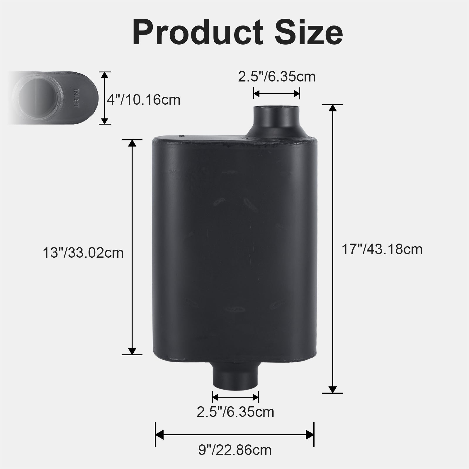Stainless Chambered Muffler – Standard Body, Offset-In / Offset-Out – Stainless / Black (PL-O1725-A23)