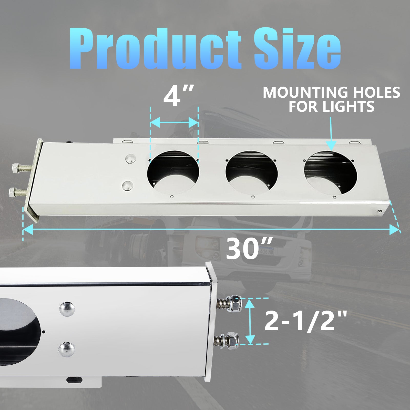 Polished Stainless Mud Flap Bracket Light Housing – 30" with 4" Round Cutouts