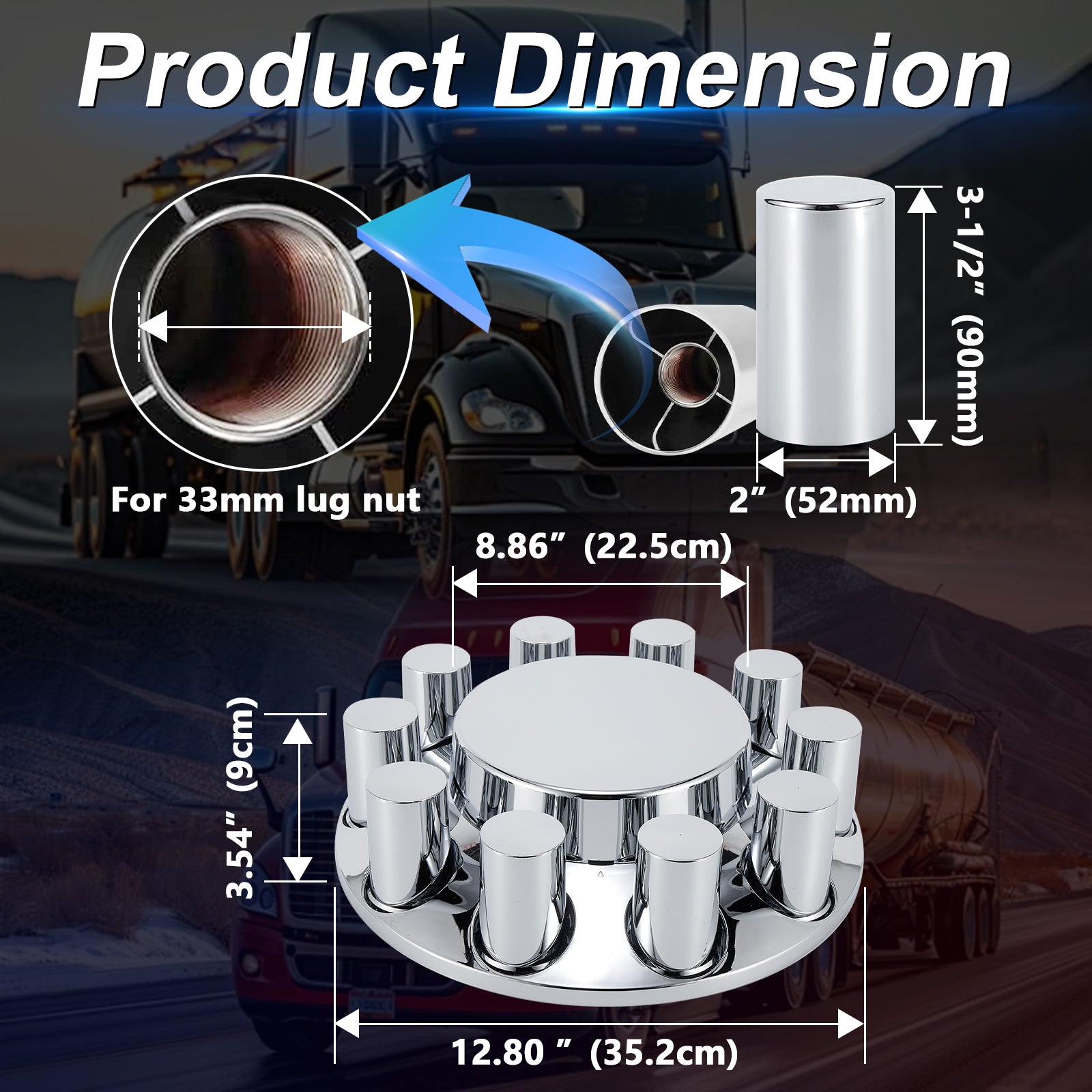 Chrome Smooth-Dome Screw-On Hubcap Kit – 33 mm, 2 Front Covers + 20 Spare Nut Covers + Install Tool (PL-05-SCREW-FT)