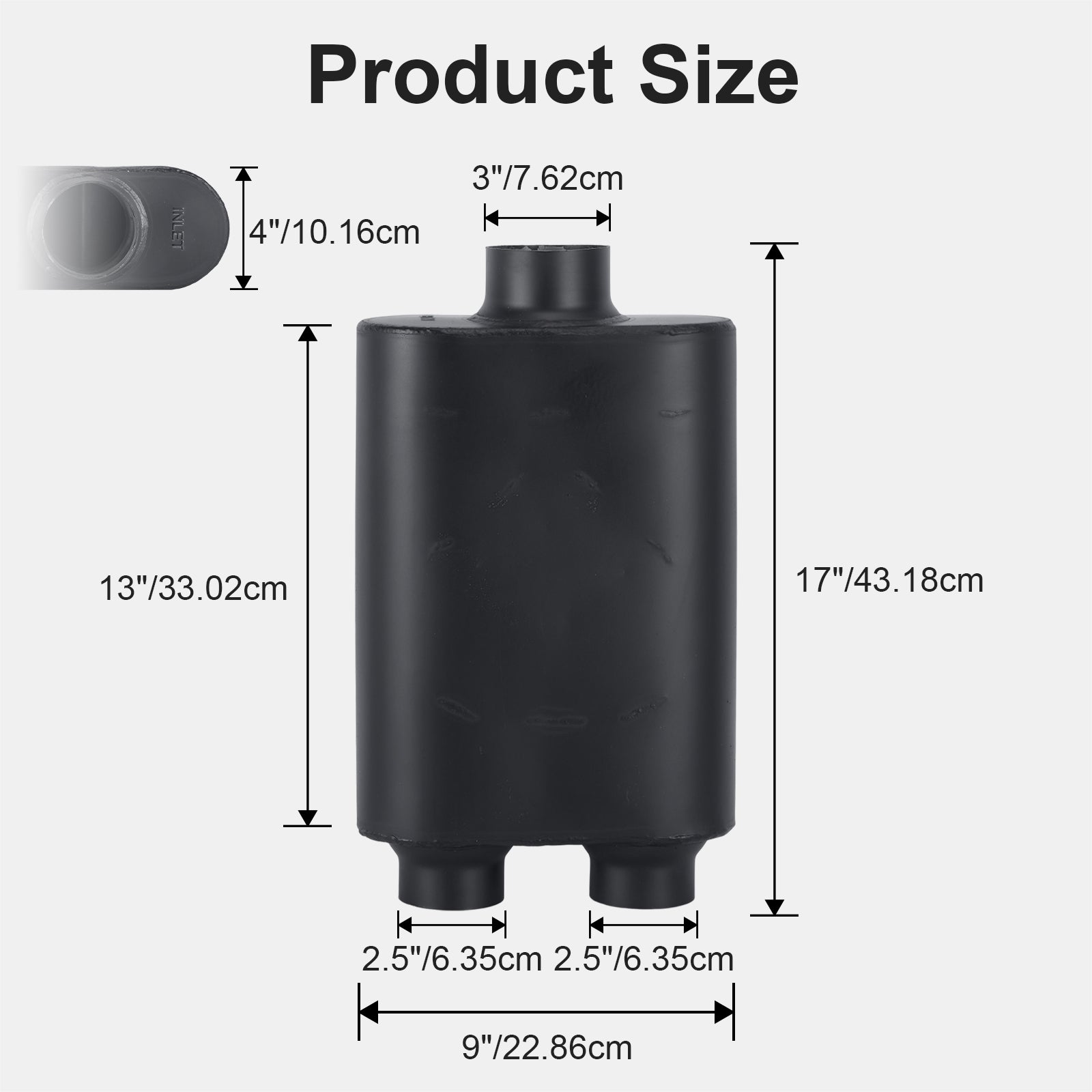 Black Chambered Muffler – Standard Body, Single-In / DUAL-Outlet (PL-173D25BK-A44)