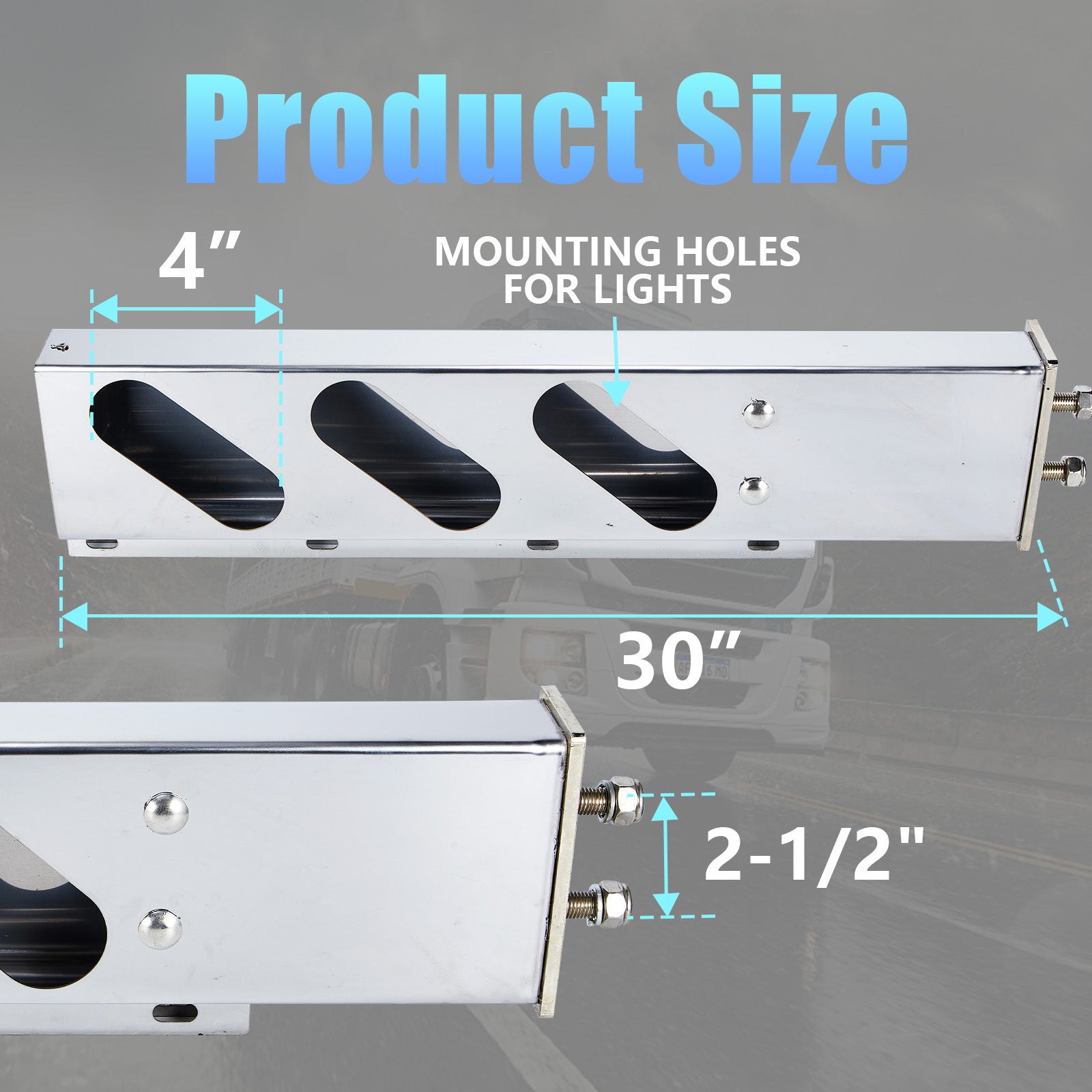 Polished Stainless Mud Flap Bracket Light Housing – 30" with Rounded-Rectangle Cutouts