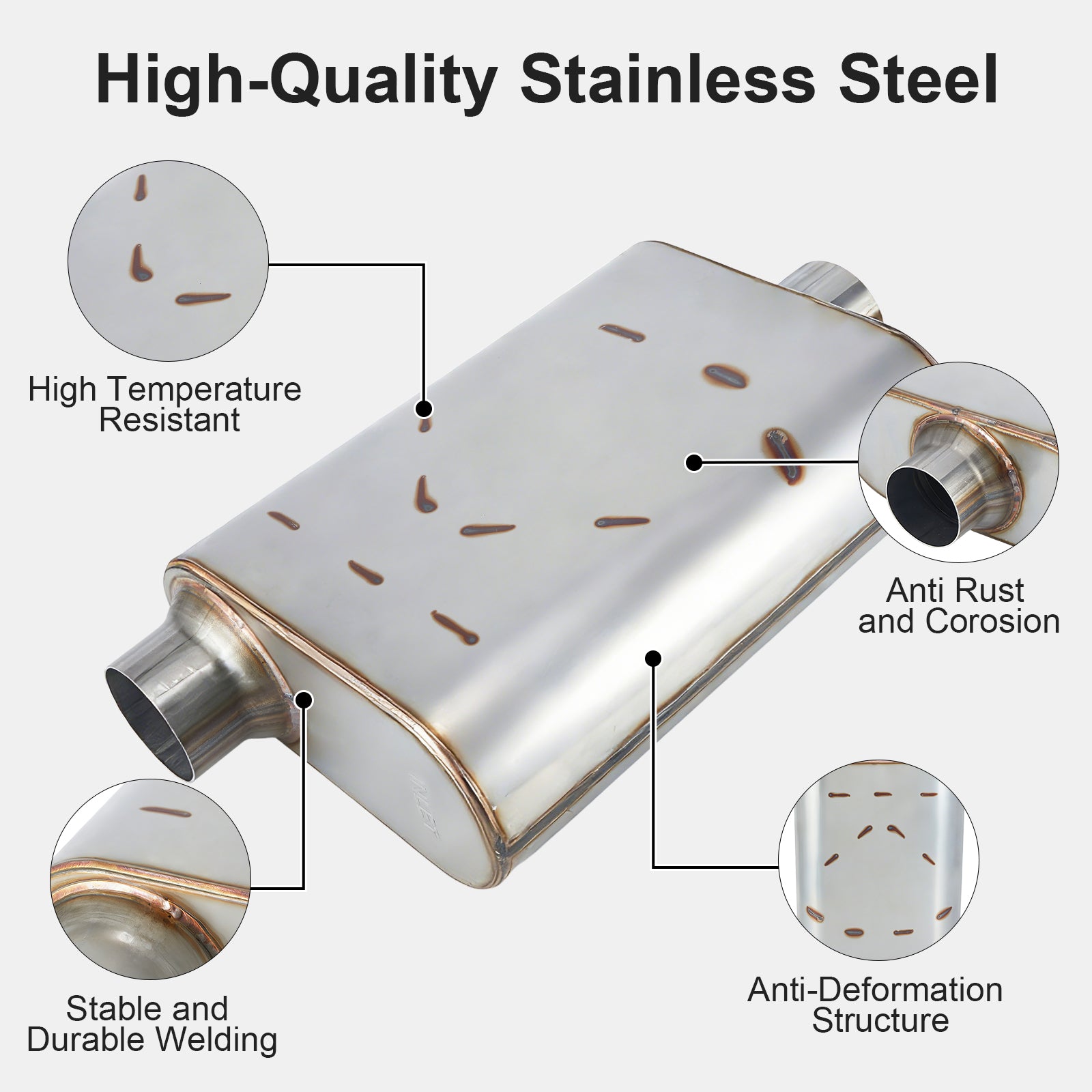 Stainless Chambered Muffler – Standard Body, Offset-In / Offset-Out – Stainless / Black (PL-O1725-A23)
