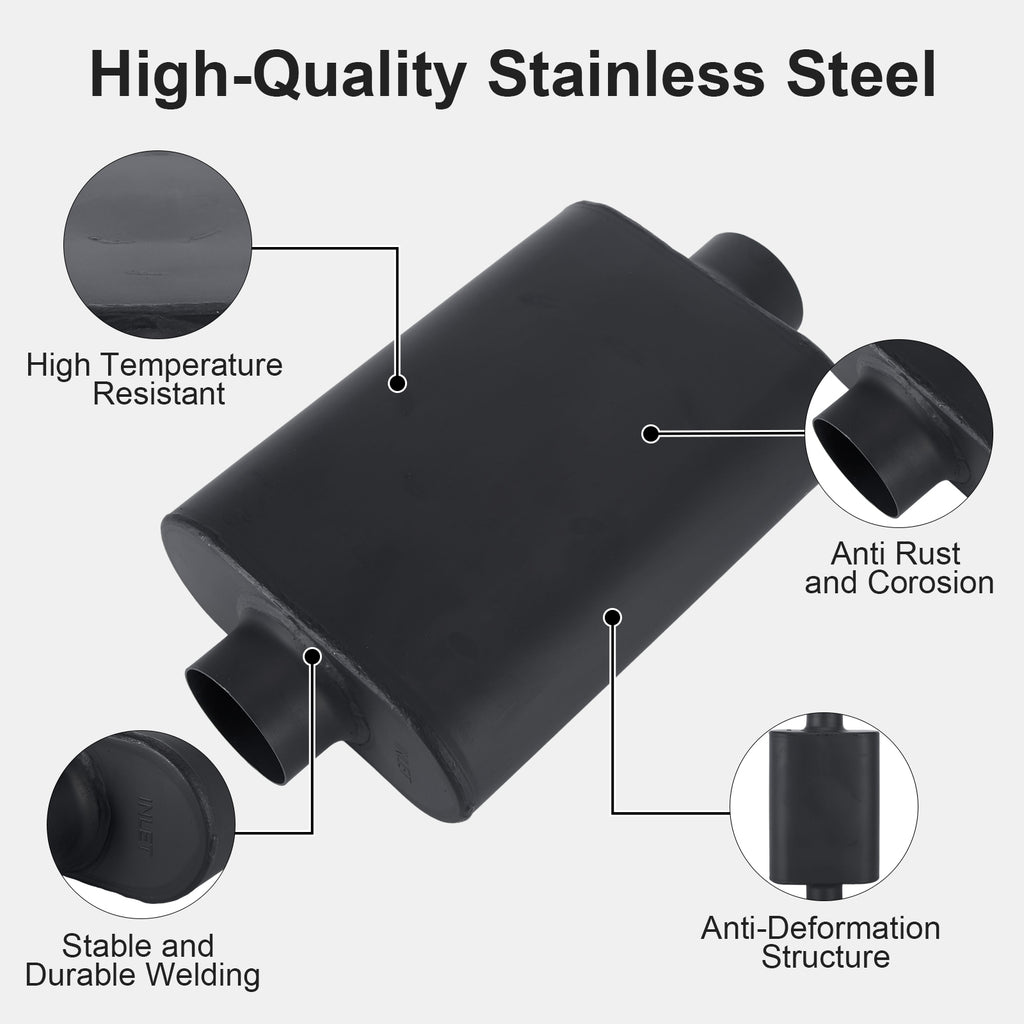 Chambered Muffler – Standard Body, Center-In / Center-Out – 2.5", 3" – Stainless / Black (A Series)