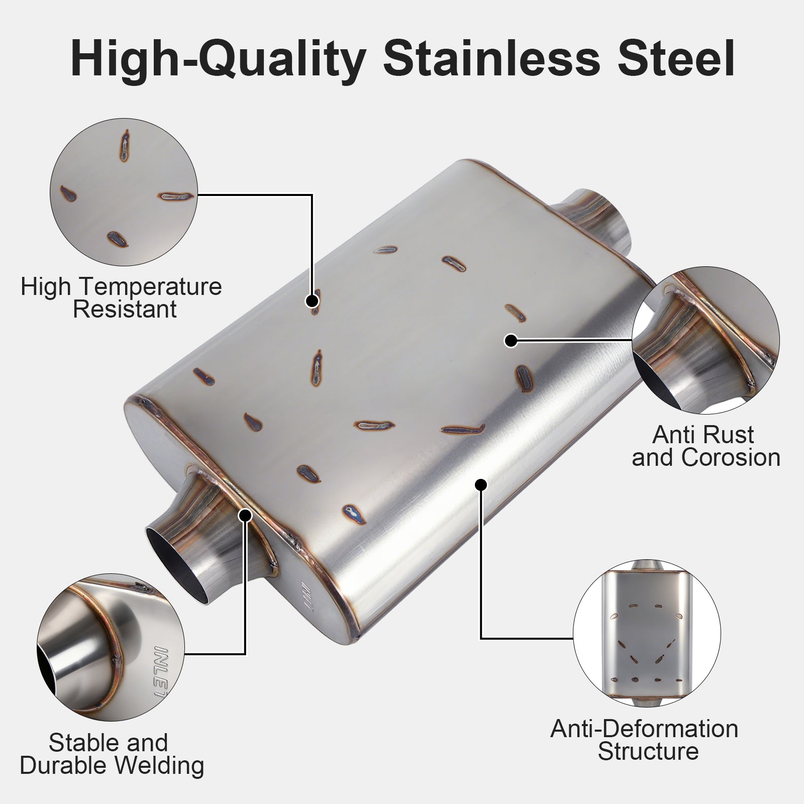 Chambered Muffler – Standard Body, Center-In / Center-Out – 2.5", 3" – Stainless / Black (A Series)