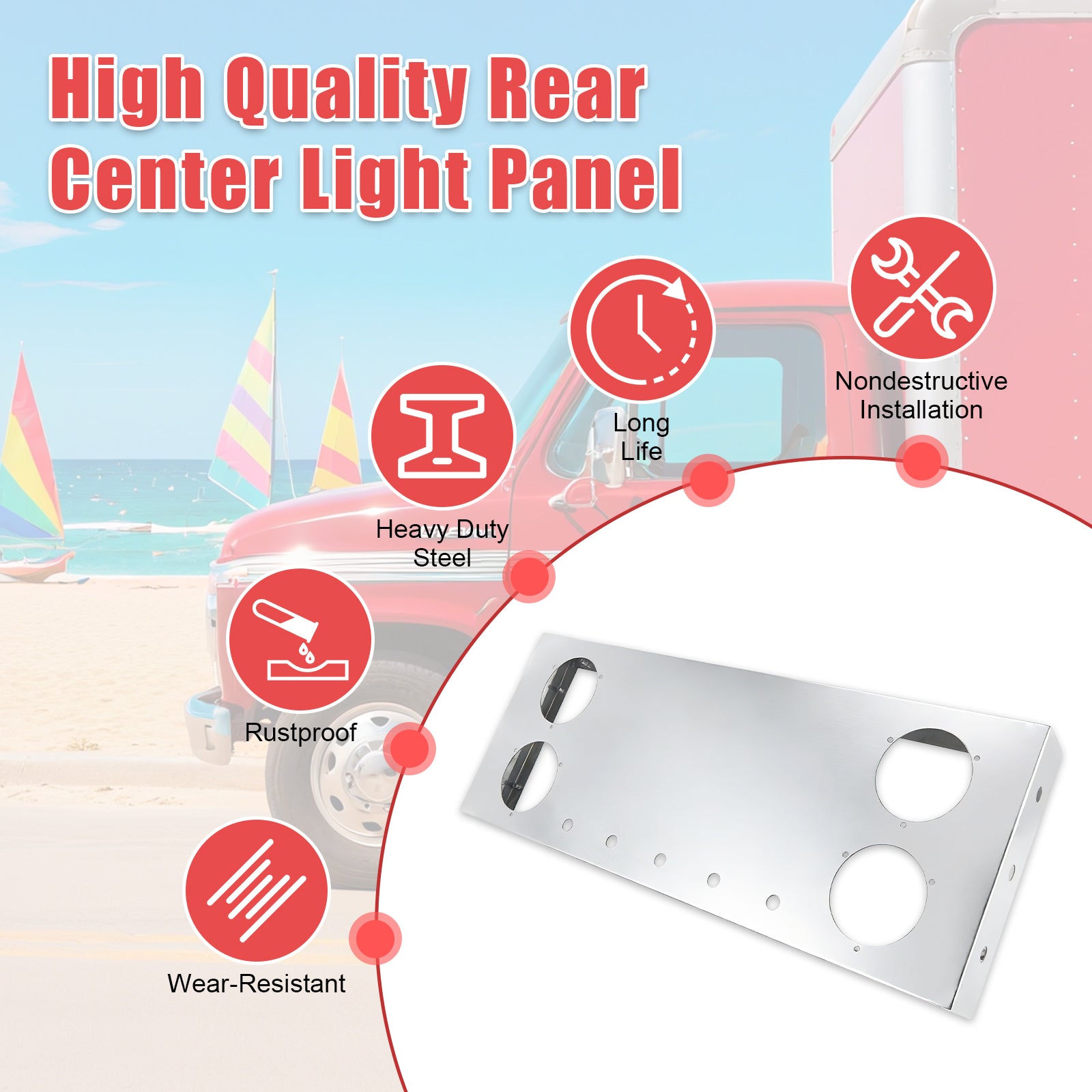 34" Chrome Stainless Rear Light Panel – 4 Large + 5 Mini LED Cutouts (PR-9007SS)