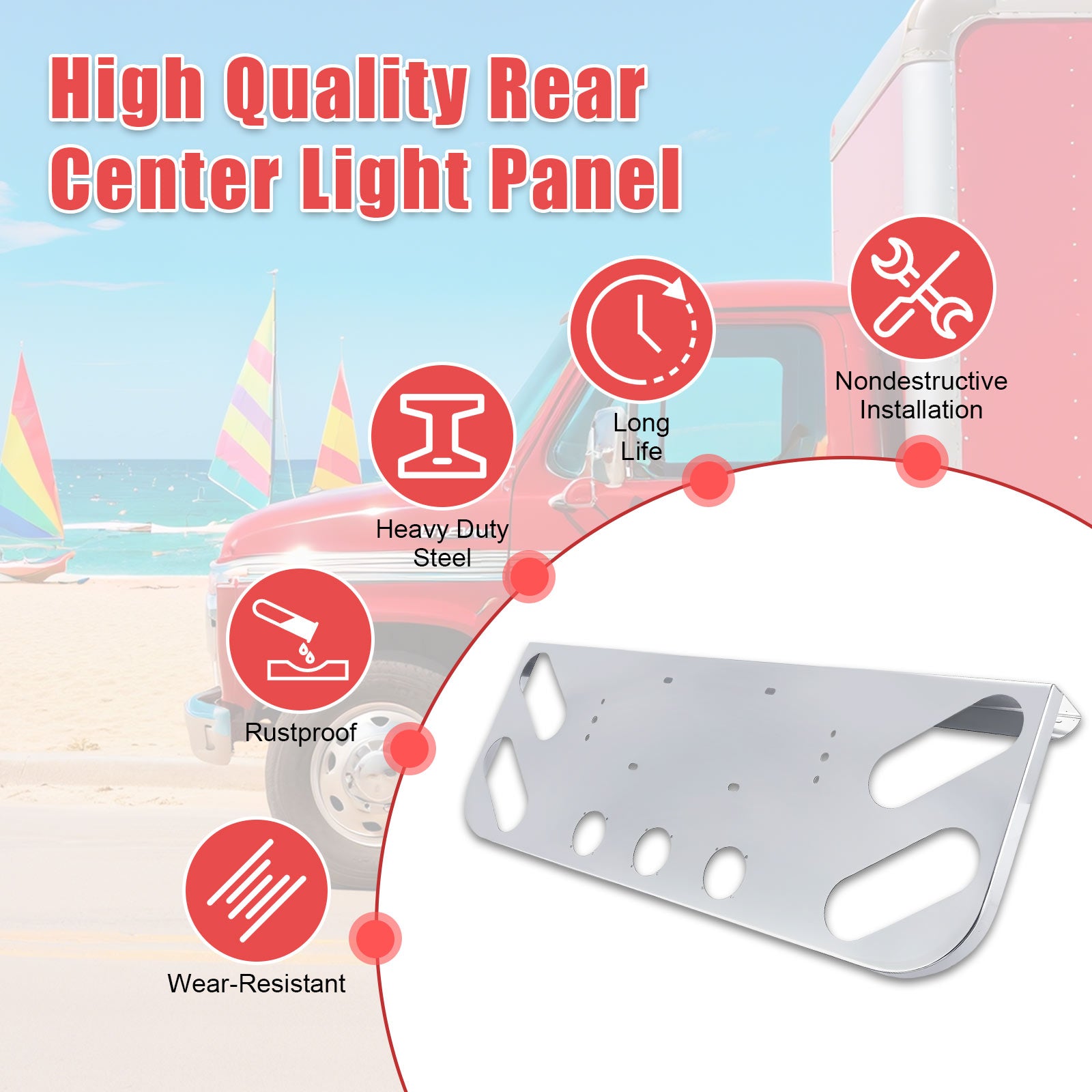34" Chrome Stainless License Plate Panel – 4 Round + 4 Oblong Light Cutouts (PR-9003SS)