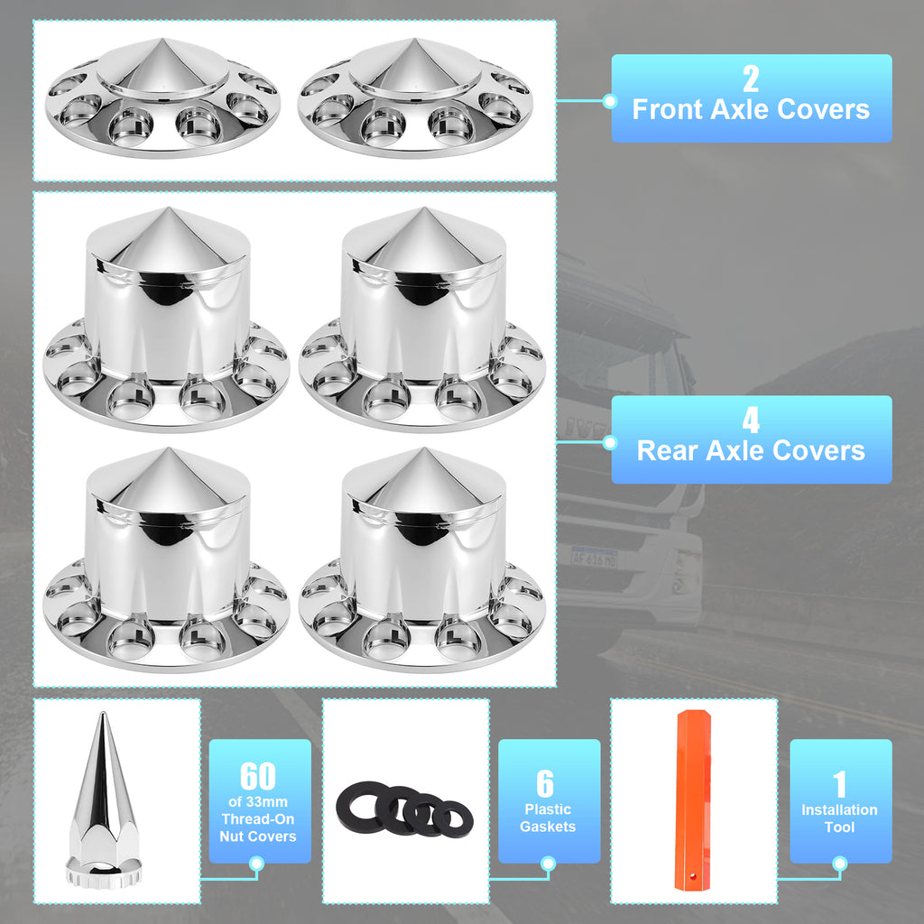 Chrome Spiked Complete Wheel Hubcap Kit – 2 Front + 4 Rear Axle Covers + 60× 33 mm Push-On Nut Covers + Install Tool (PL-03-PUSH-WH)