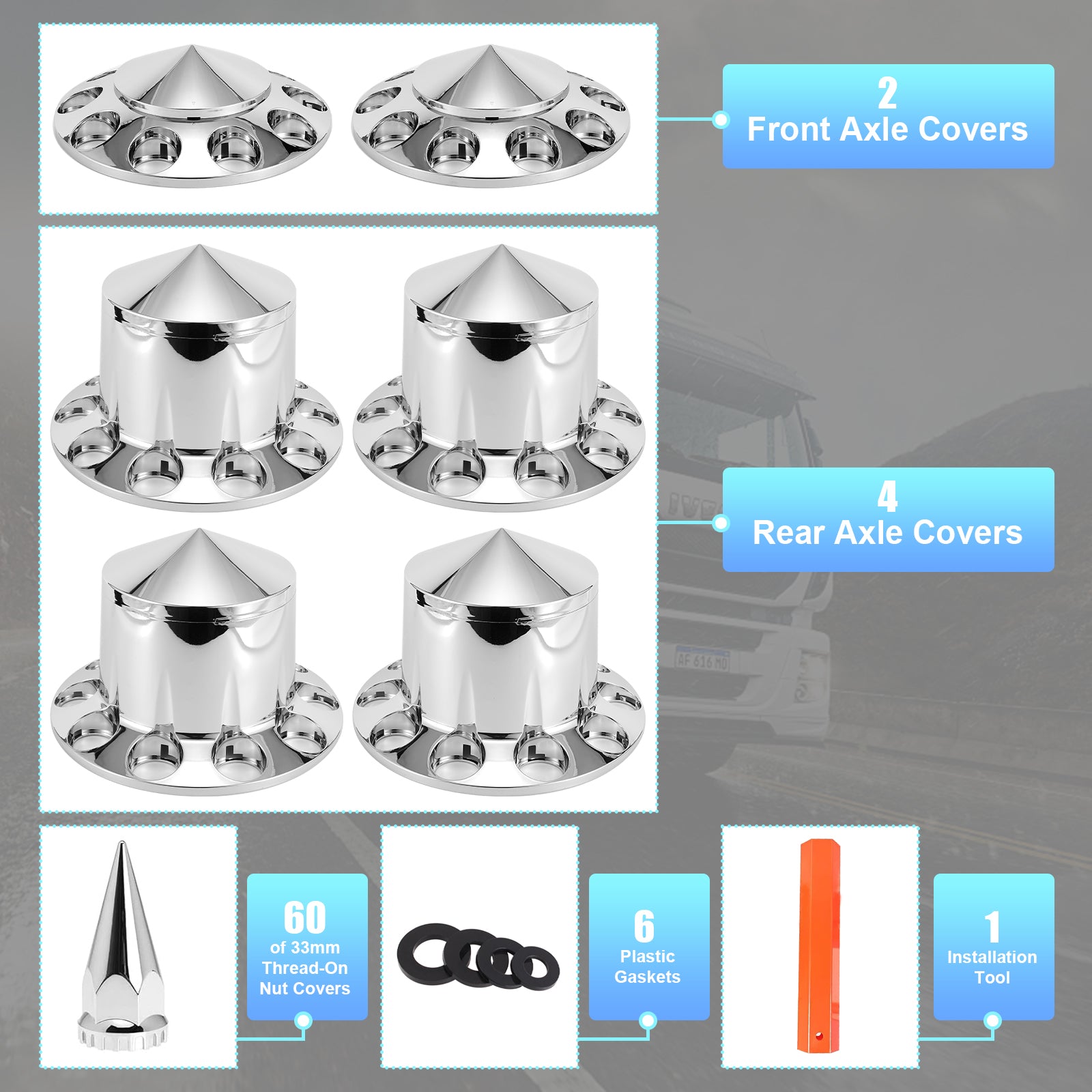 Chrome Spiked Complete Wheel Hubcap Kit – 2 Front + 4 Rear Axle Covers + 60× 33 mm Push-On Nut Covers + Install Tool (PL-03-PUSH-WH)