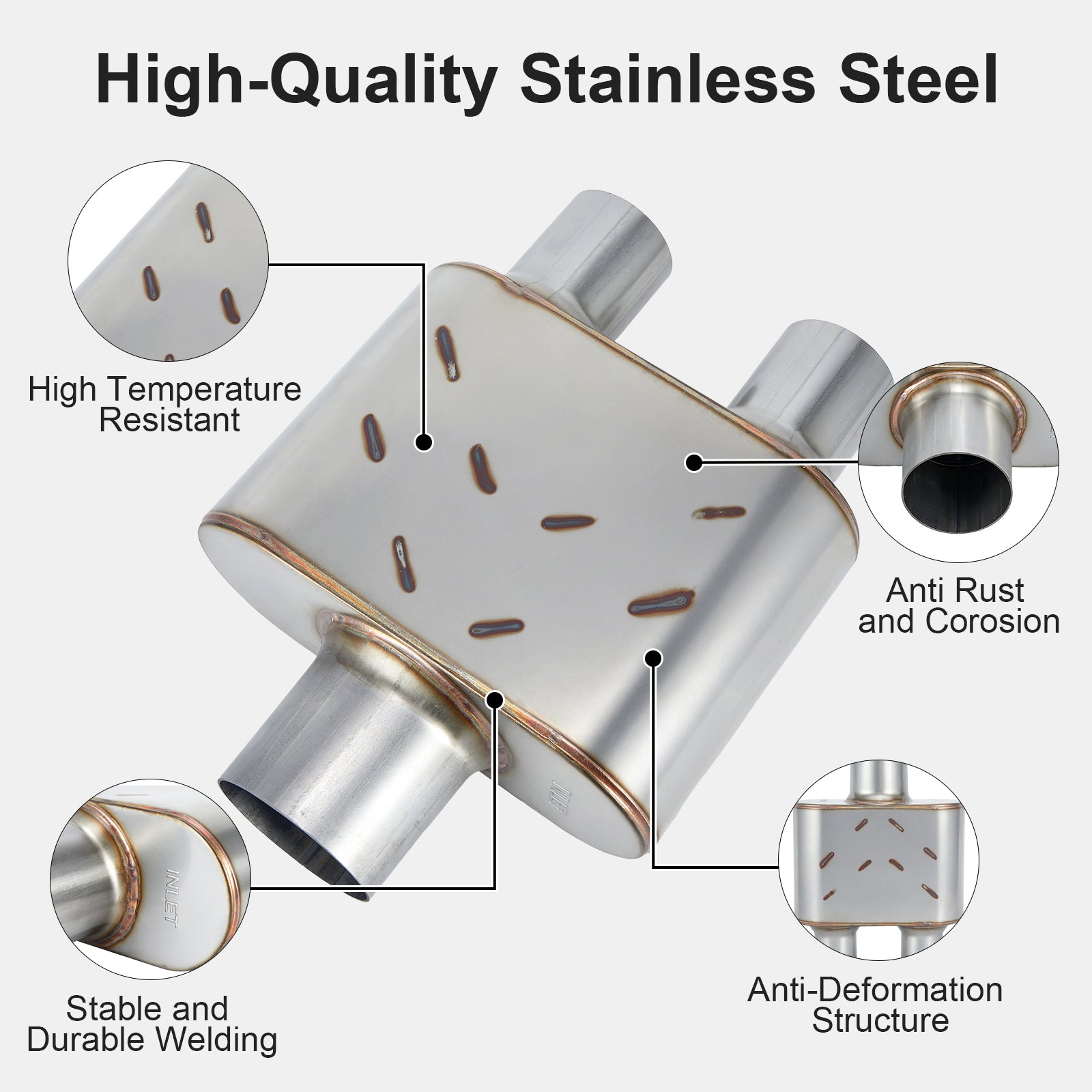 Stainless Chambered Muffler – Compact Body, Single-In / DUAL-Outlet (PL-133D225-A8)