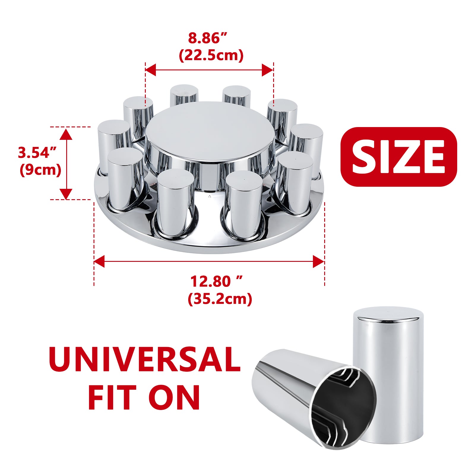 Chrome Smooth-Dome Hubcap Set – Push-On, 33 mm Pre-Installed Nut Covers, 2-Piece Kit (PL-05-PUSH-FT)