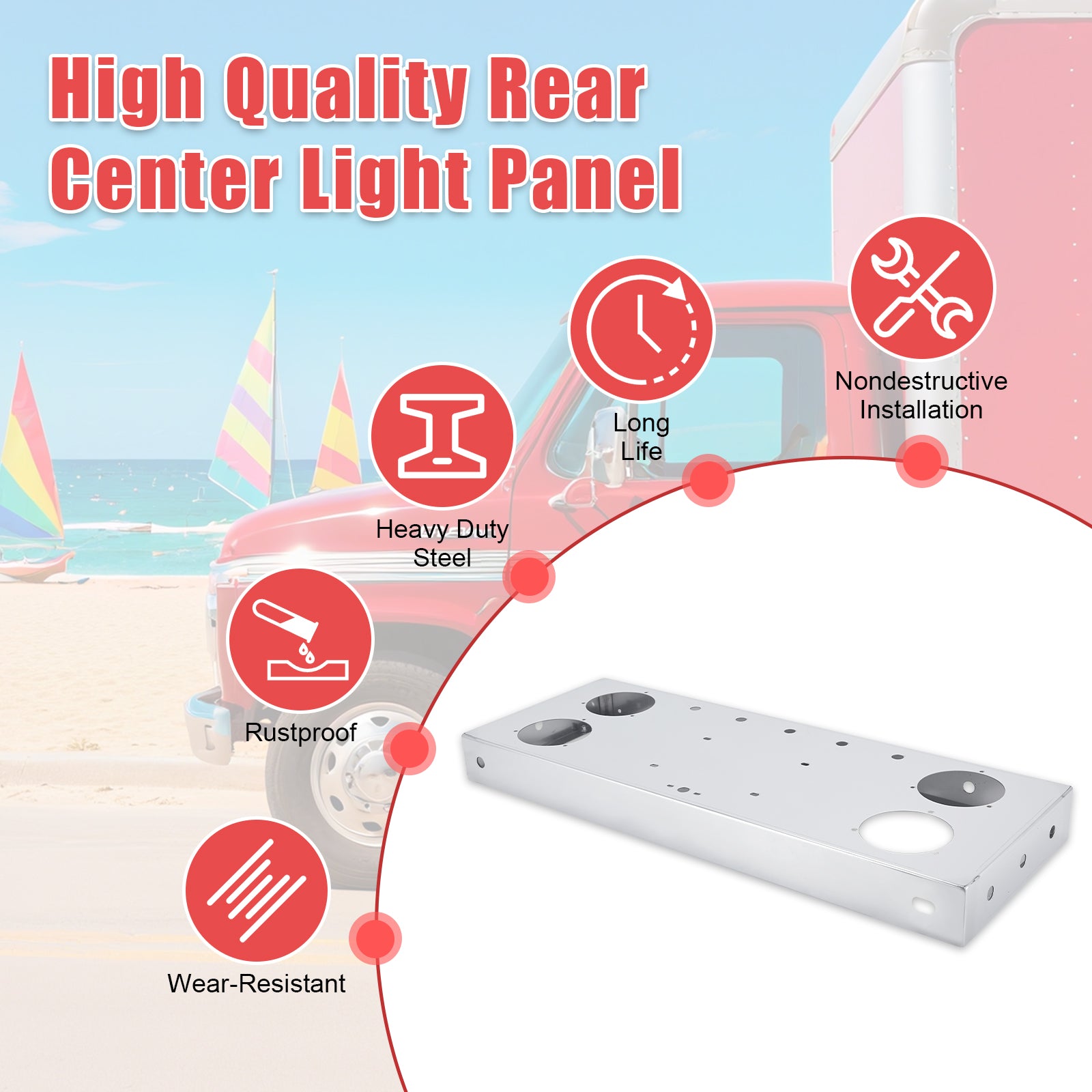 34" Chrome Stainless Rear Light Panel – 4 Large Corner Lights + Mini LED Holes (PR-9009SS)
