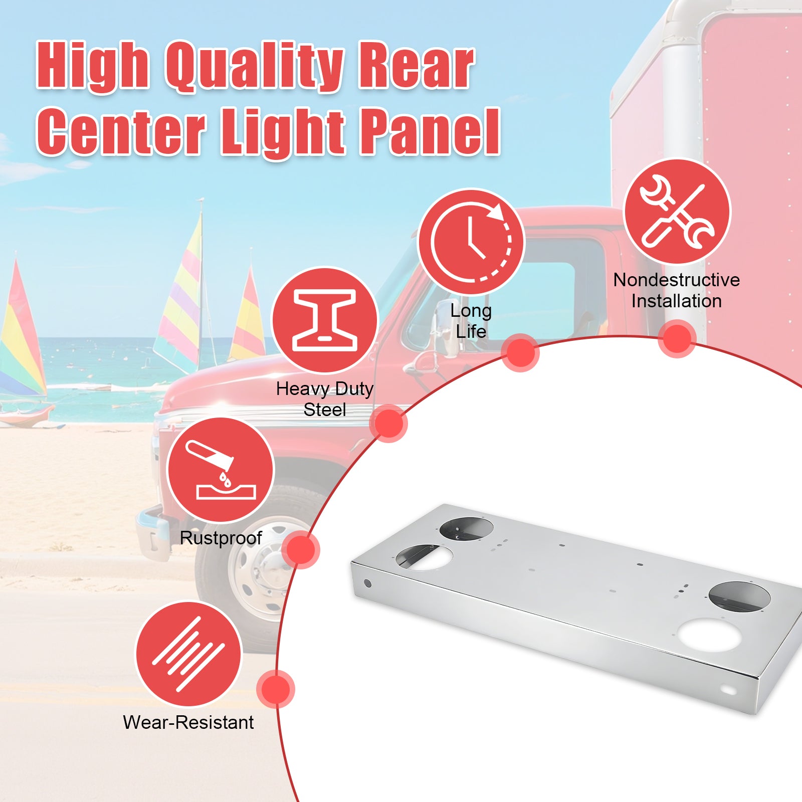 34" Chrome Stainless Rear Light Panel – 4 Large 4" Corner Lights (PR-9010SS)