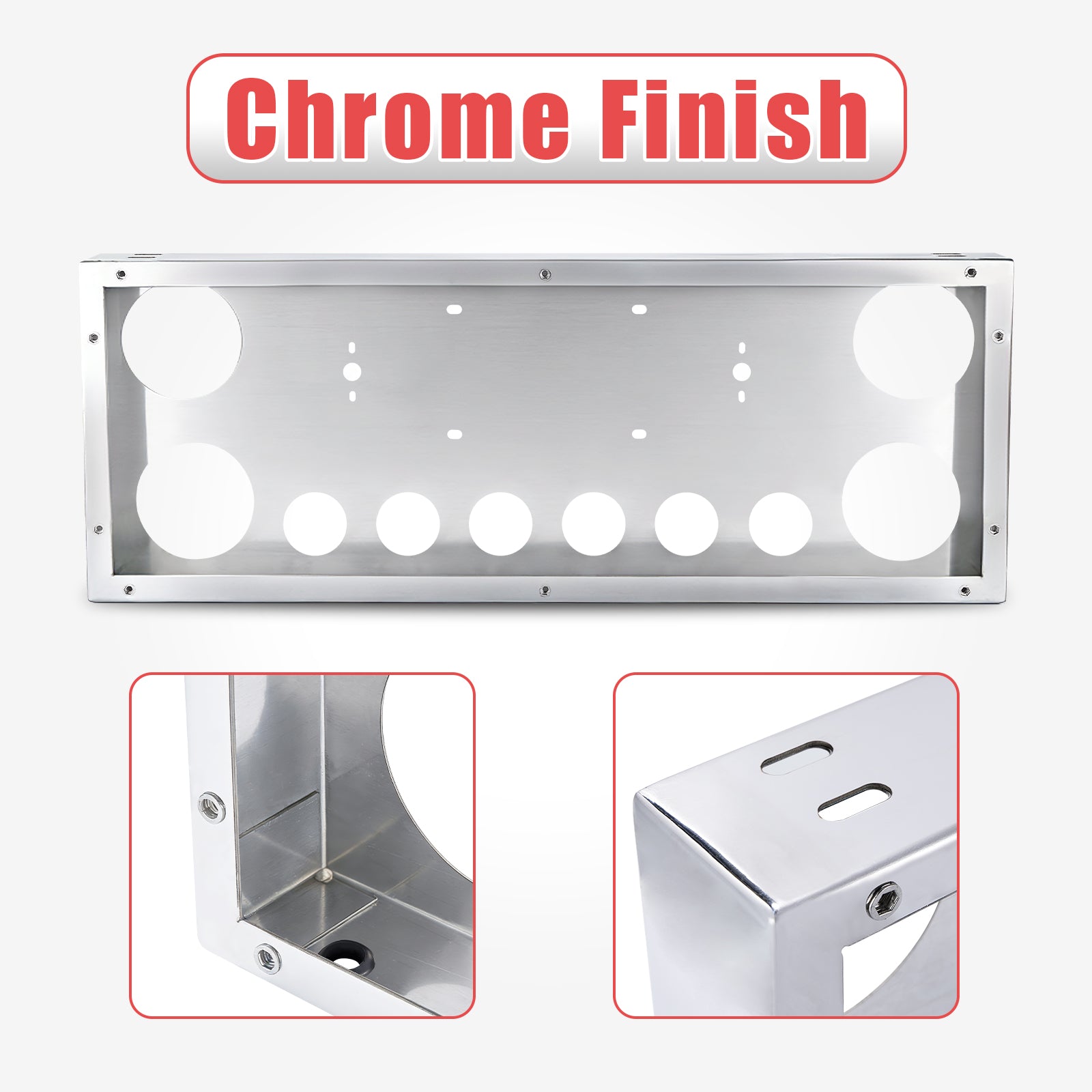 34" Chrome Stainless License Plate Panel – 4 Large + 7 Small Light Cutouts (PR-9005SS)