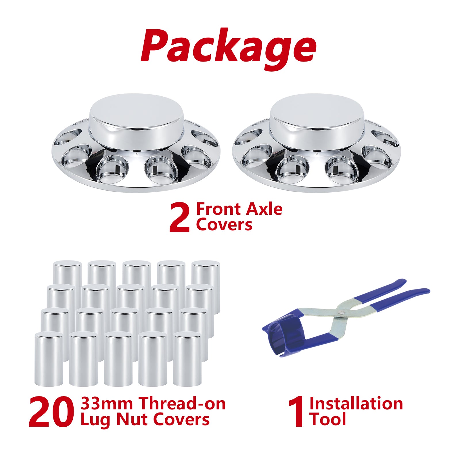 Chrome Smooth-Dome Hubcap Set – Push-On, 33 mm Pre-Installed Nut Covers, 2-Piece Kit (PL-05-PUSH-FT)