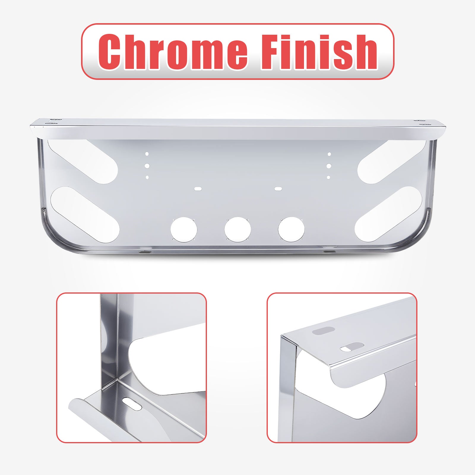 34" Chrome Stainless License Plate Panel – 4 Round + 4 Oblong Light Cutouts (PR-9003SS)