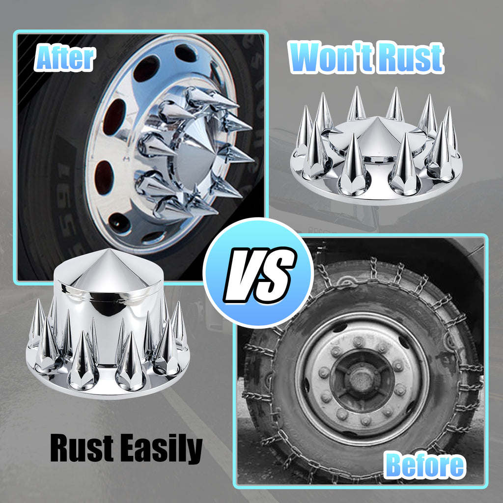 Chrome Spiked Complete Wheel Hubcap Kit – 2 Front + 4 Rear Axle Covers + 60× 33 mm Push-On Nut Covers + Install Tool (PL-03-PUSH-WH)
