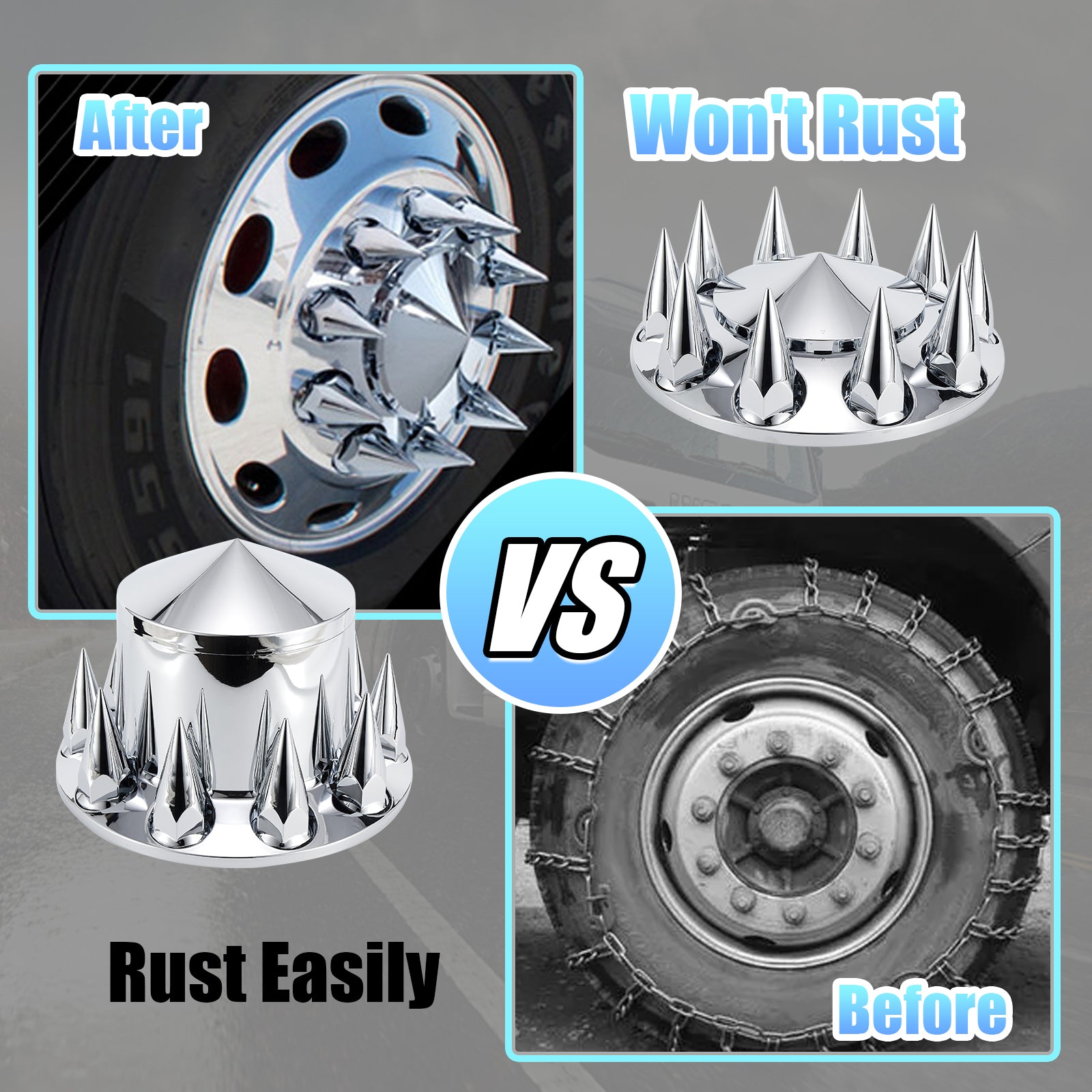 Chrome Spiked Complete Wheel Hubcap Kit – 2 Front + 4 Rear Axle Covers + 60× 33 mm Push-On Nut Covers + Install Tool (PL-03-PUSH-WH)