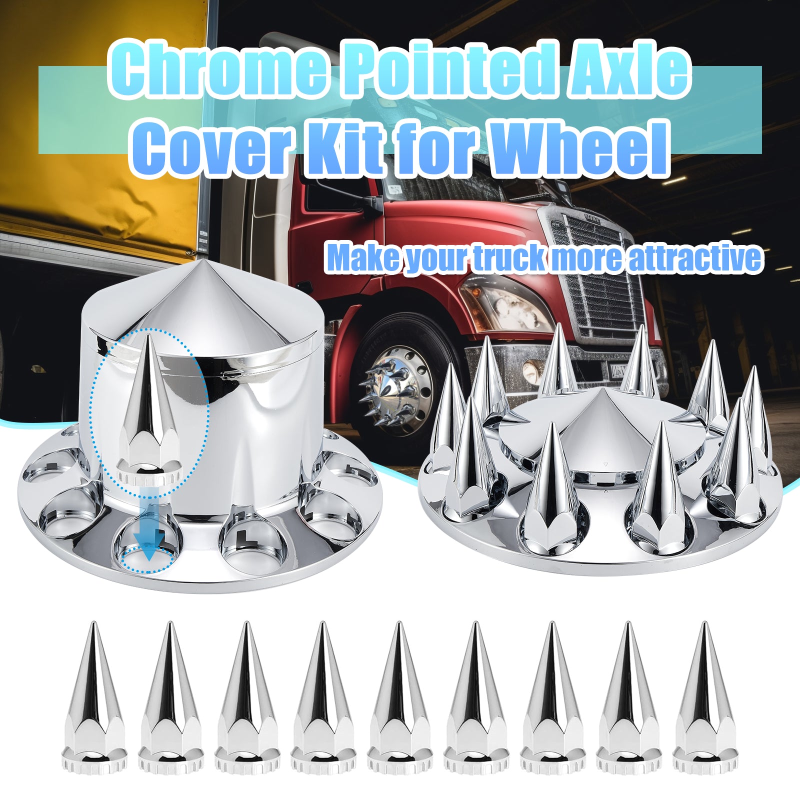 Chrome Spiked Complete Wheel Hubcap Kit – 2 Front + 4 Rear Axle Covers + 60× 33 mm Push-On Nut Covers + Install Tool (PL-03-PUSH-WH)