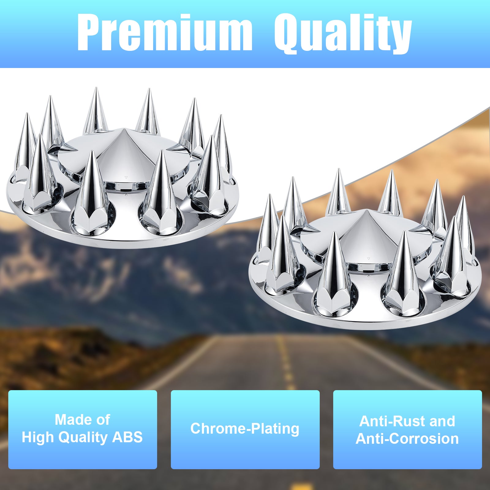 Chrome Spiked Hubcap Set – Push-On, 33 mm, 2-Piece Kit with Install Tool (PL-03-PUSH-FT)