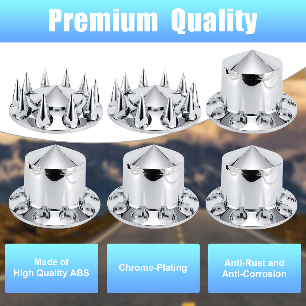 Chrome Spiked Complete Wheel Hubcap Kit – 2 Front + 4 Rear Axle Covers + 60× 33 mm Push-On Nut Covers + Install Tool (PL-03-PUSH-WH)