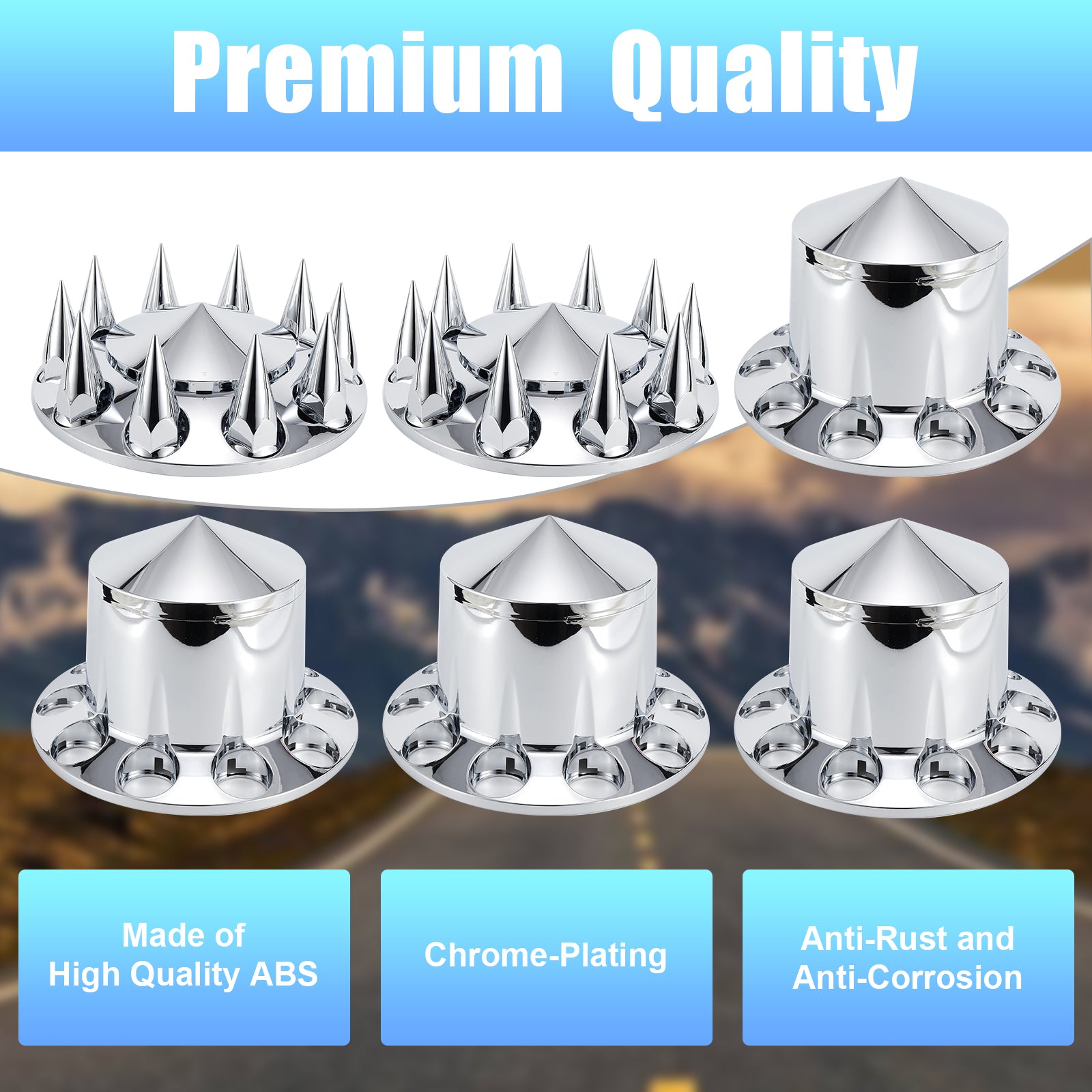 Chrome Spiked Complete Wheel Hubcap Kit – 2 Front + 4 Rear Axle Covers + 60× 33 mm Push-On Nut Covers + Install Tool (PL-03-PUSH-WH)