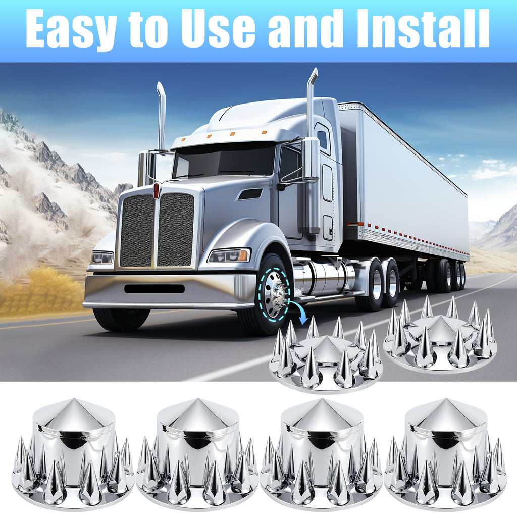 Chrome Spiked Complete Wheel Hubcap Kit – 2 Front + 4 Rear Axle Covers + 60× 33 mm Push-On Nut Covers + Install Tool (PL-03-PUSH-WH)