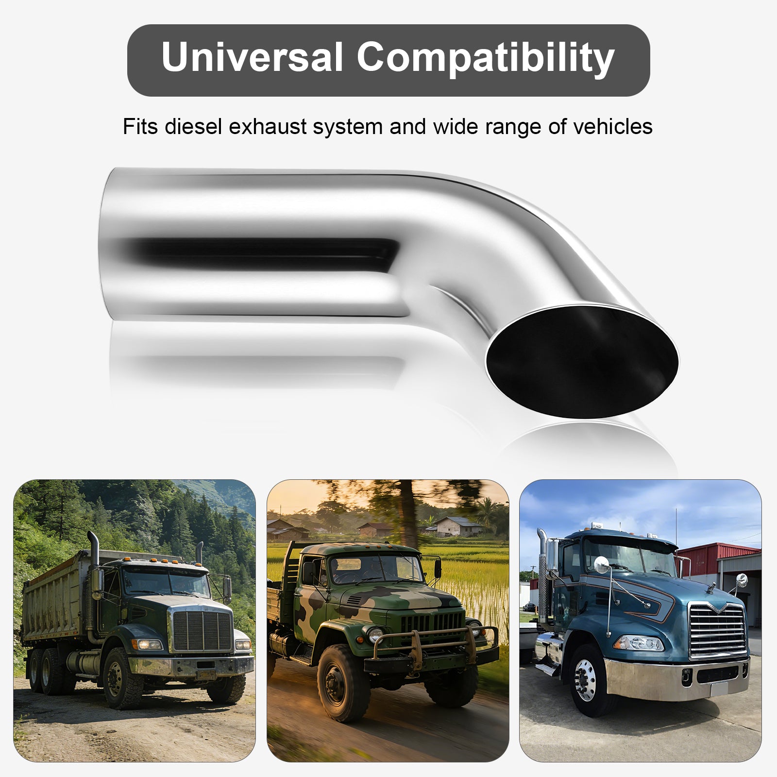 Chrome Curved Exhaust Stack – 6" Diameter – 18", 24", 36", 48" Lengths – Truck Smokestack