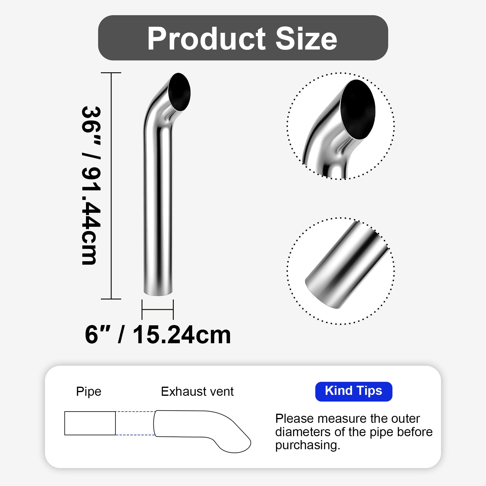 Chrome Curved Exhaust Stack – 6" Diameter – 18", 24", 36", 48" Lengths – Truck Smokestack