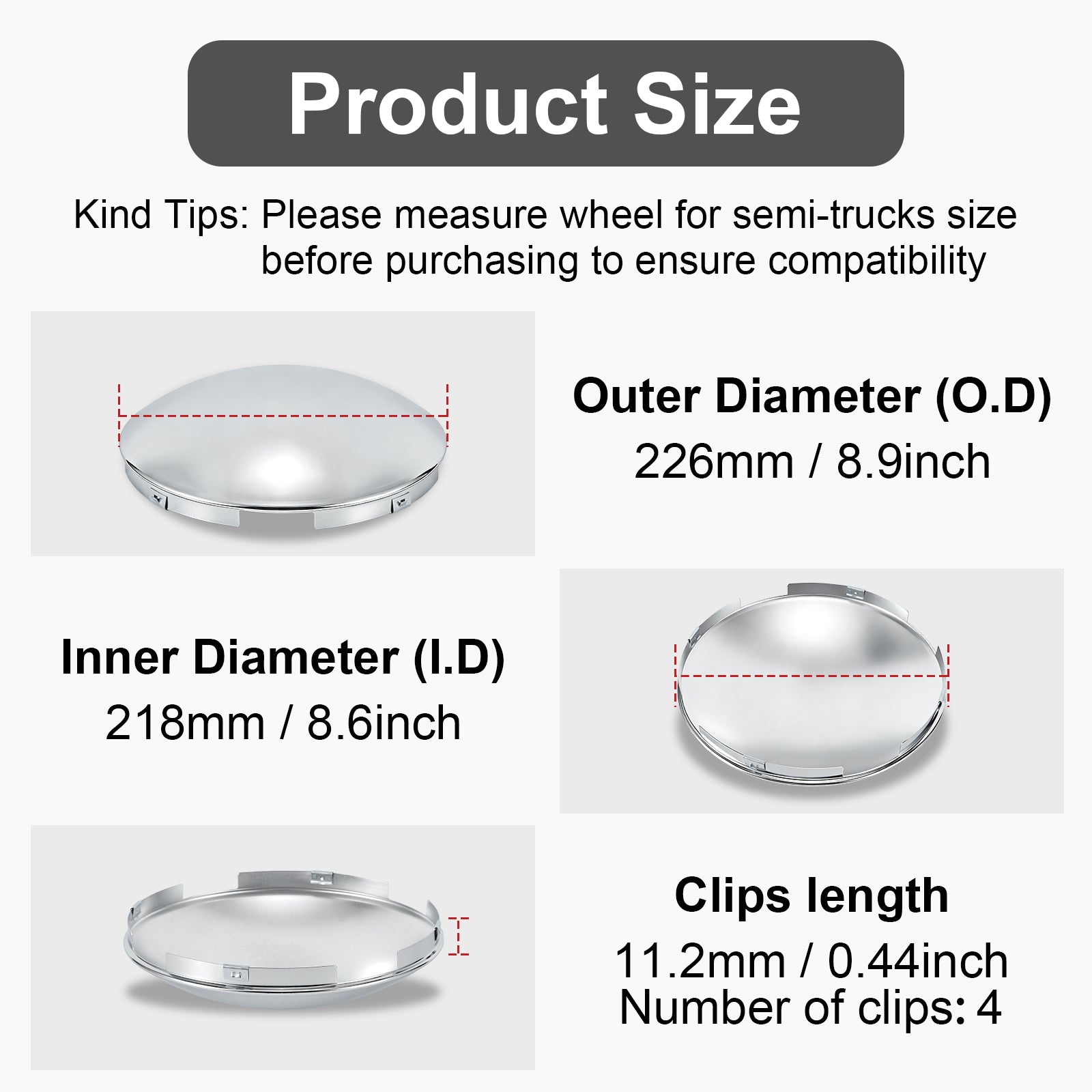 Chrome Hubcap – Dome, 4-Clip – 8.9" × 8.6" (H1F85N4-H50)